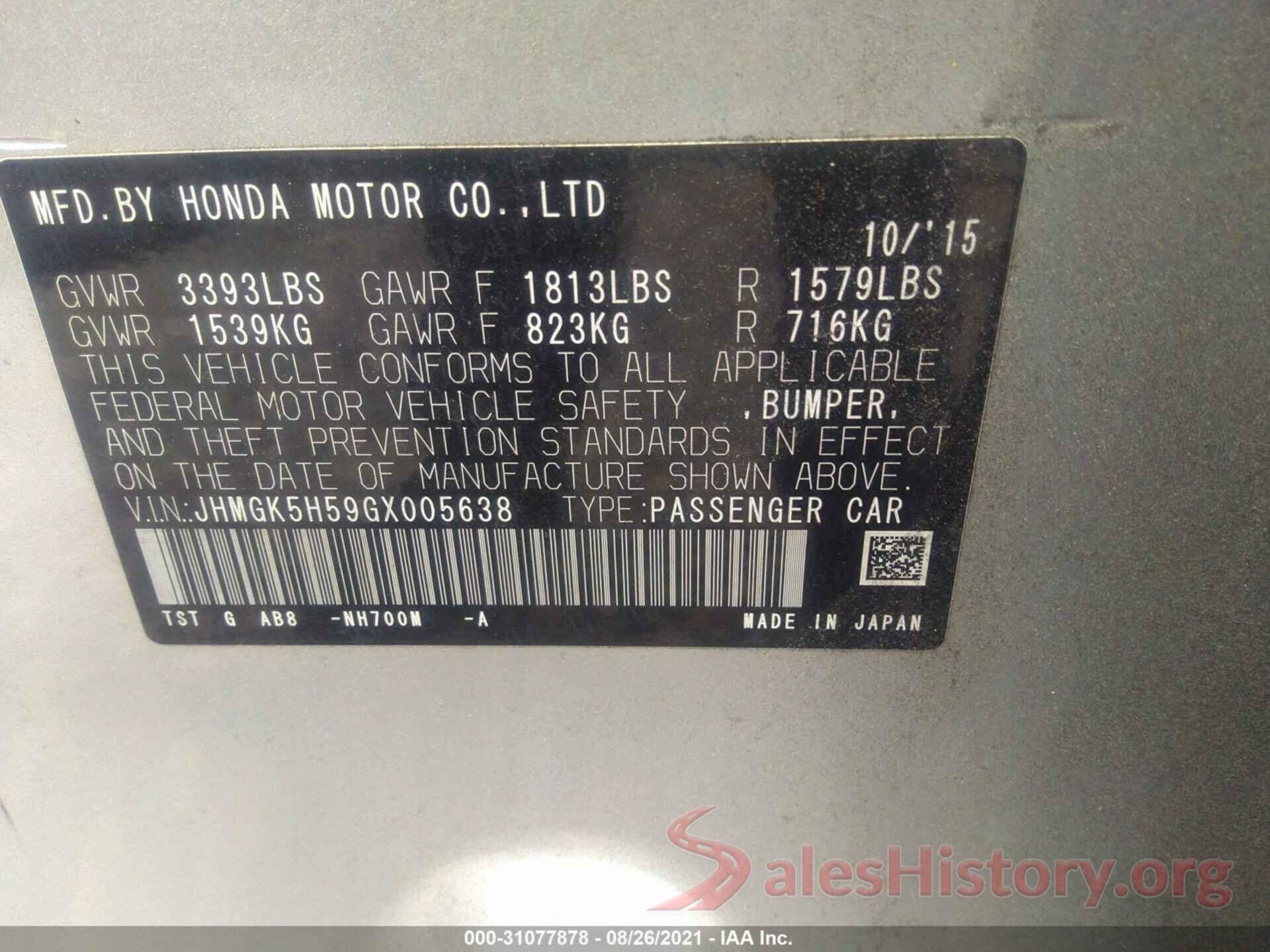 JHMGK5H59GX005638 2016 HONDA FIT