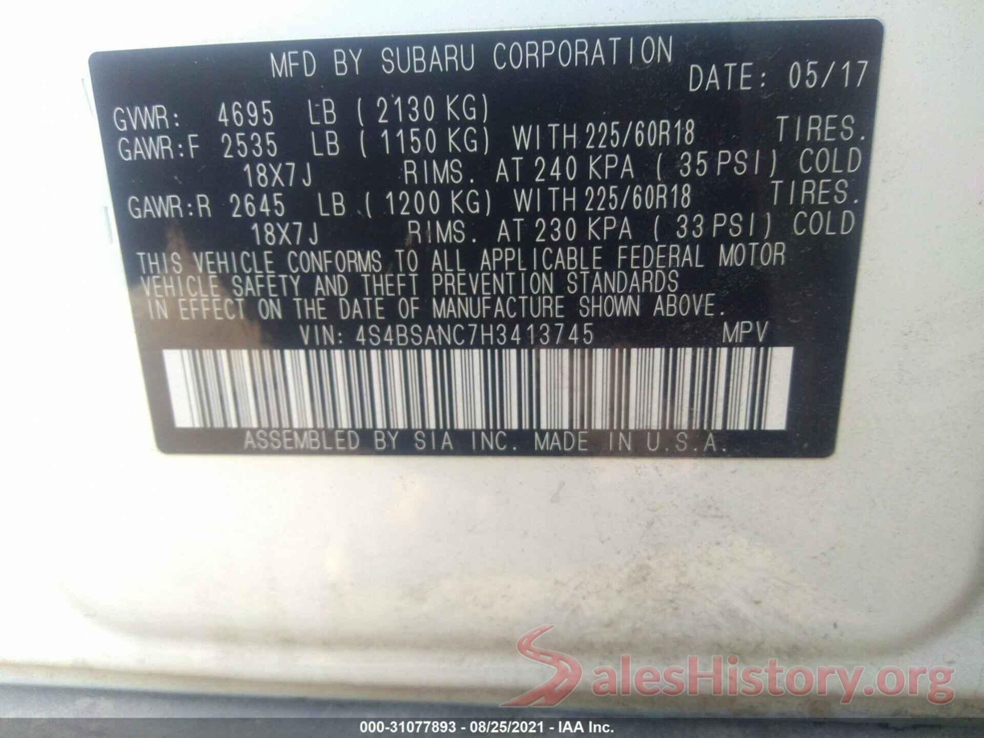 4S4BSANC7H3413745 2017 SUBARU OUTBACK