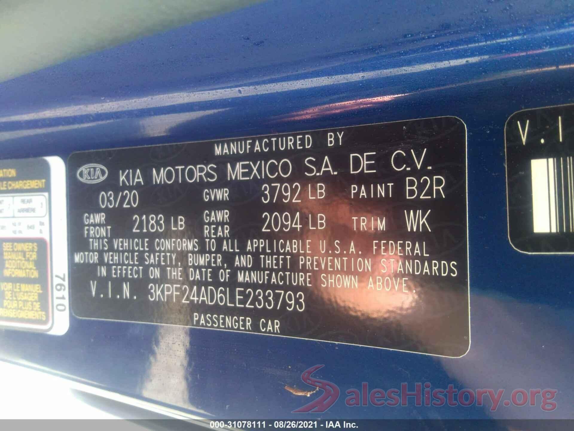 3KPF24AD6LE233793 2020 KIA FORTE