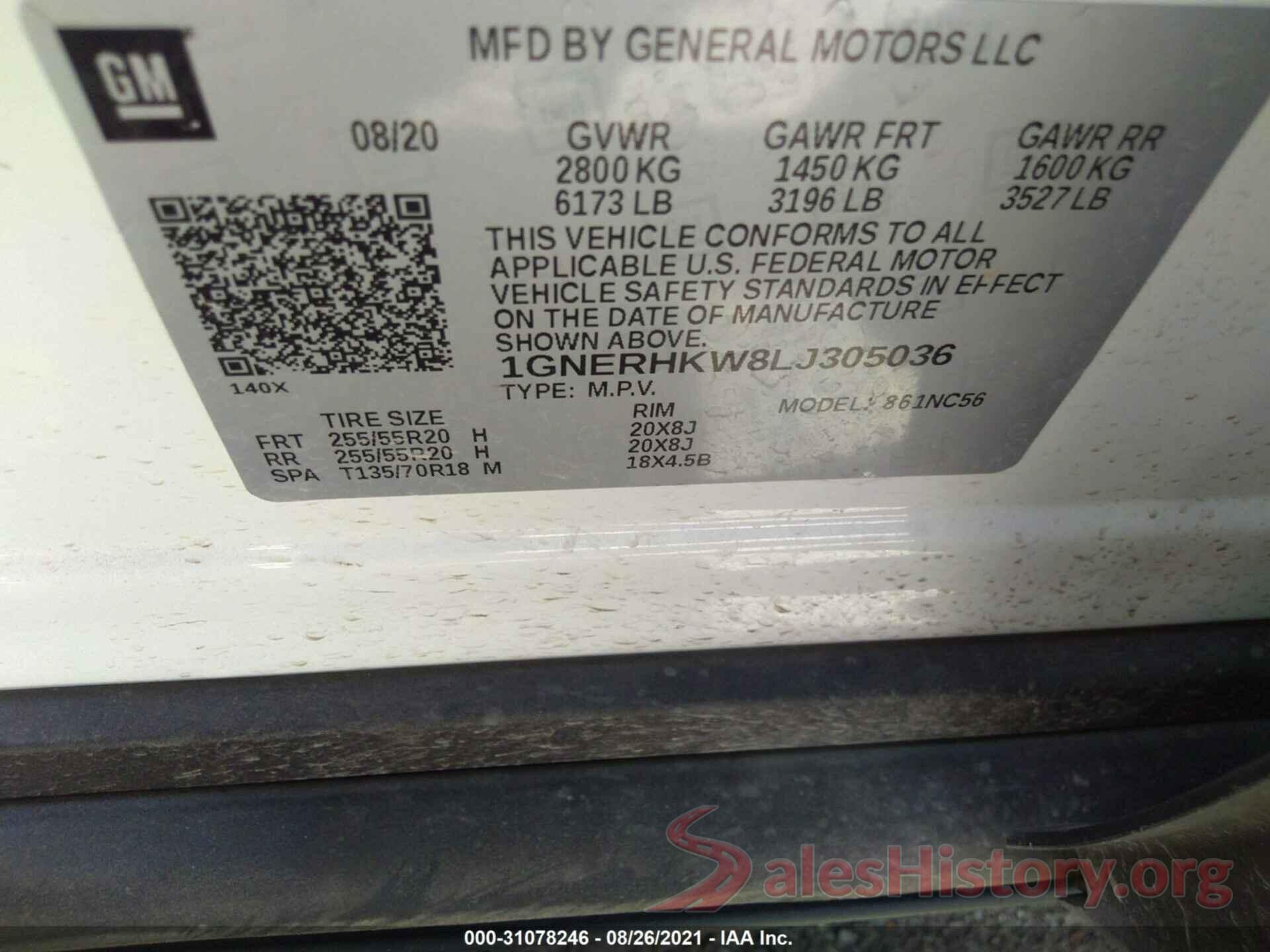 1GNERHKW8LJ305036 2020 CHEVROLET TRAVERSE