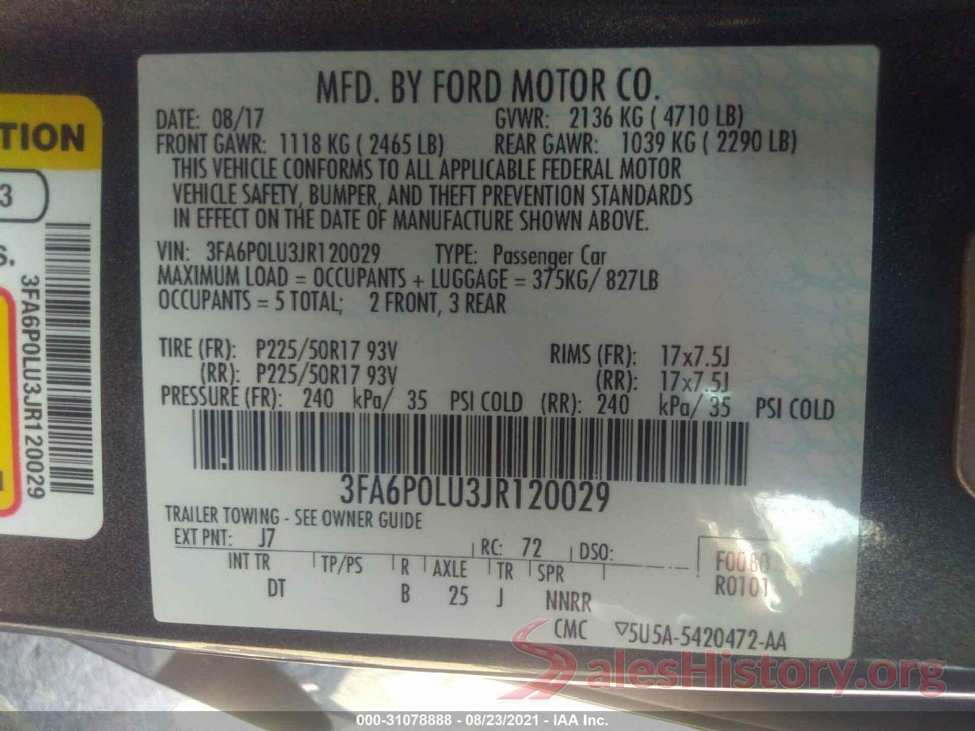 3FA6P0LU3JR120029 2018 FORD FUSION HYBRID