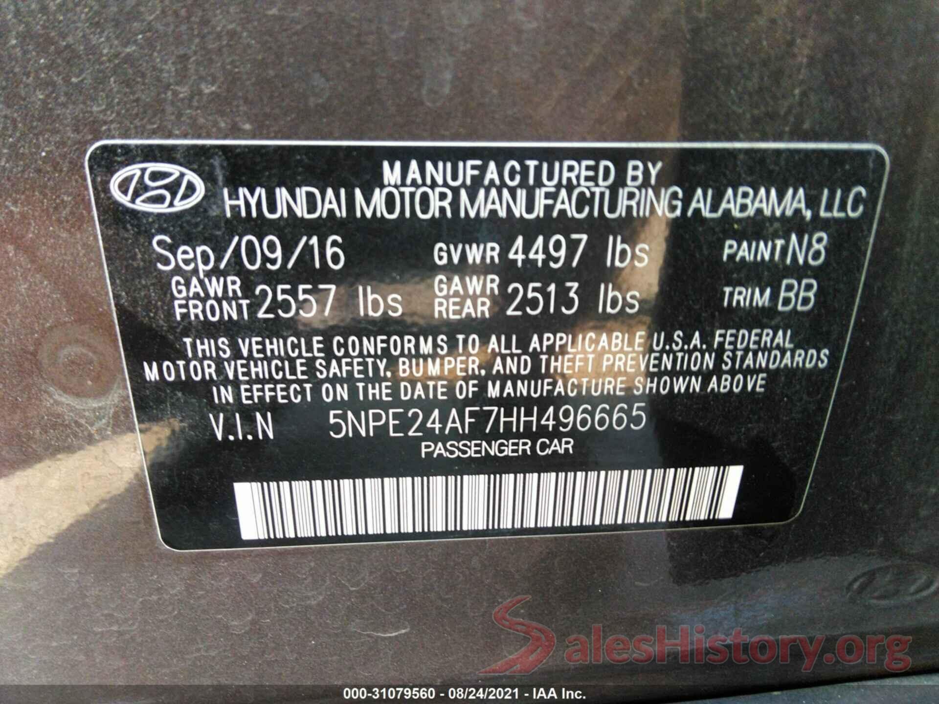 5NPE24AF7HH496665 2017 HYUNDAI SONATA