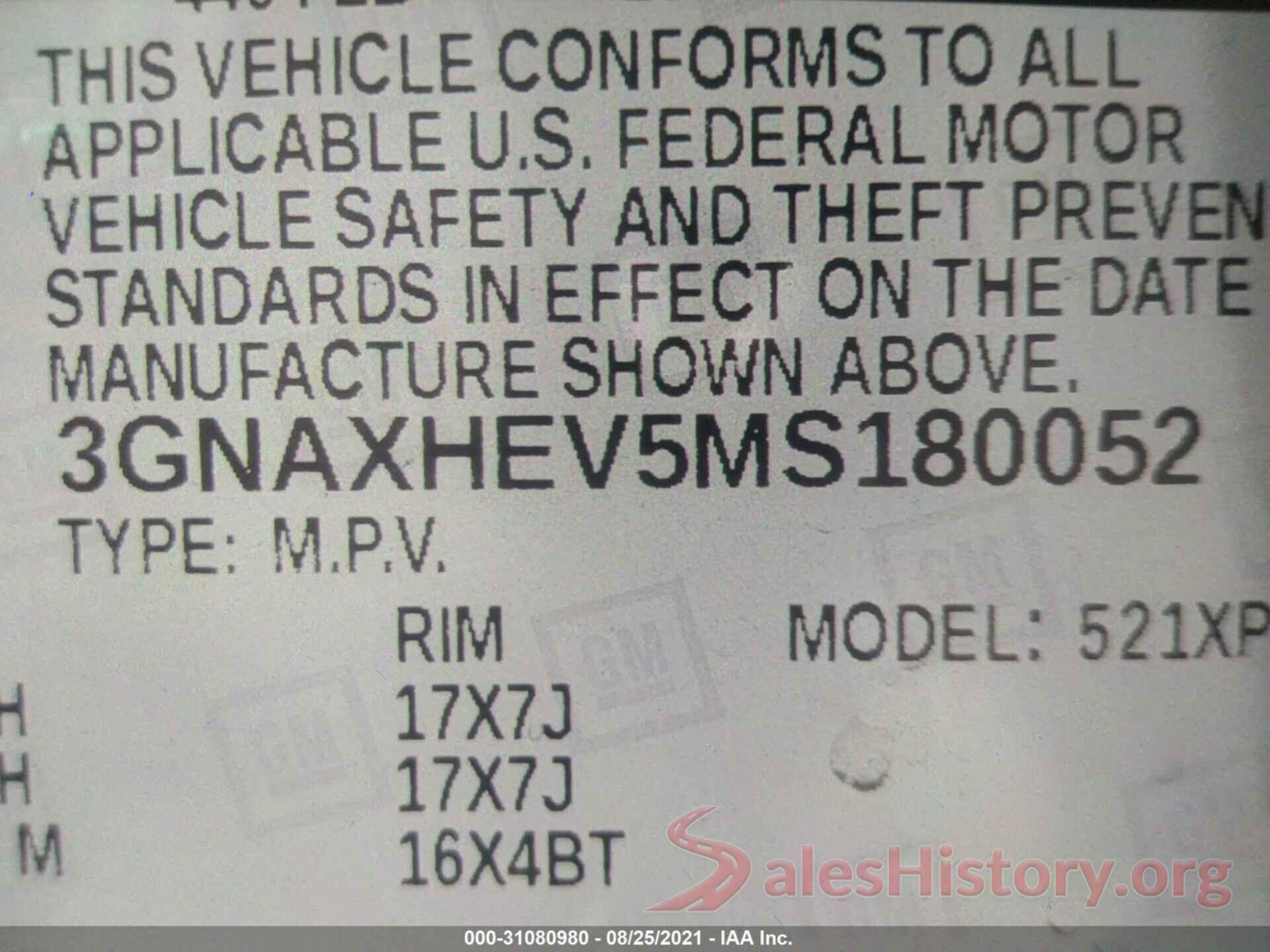 3GNAXHEV5MS180052 2021 CHEVROLET EQUINOX