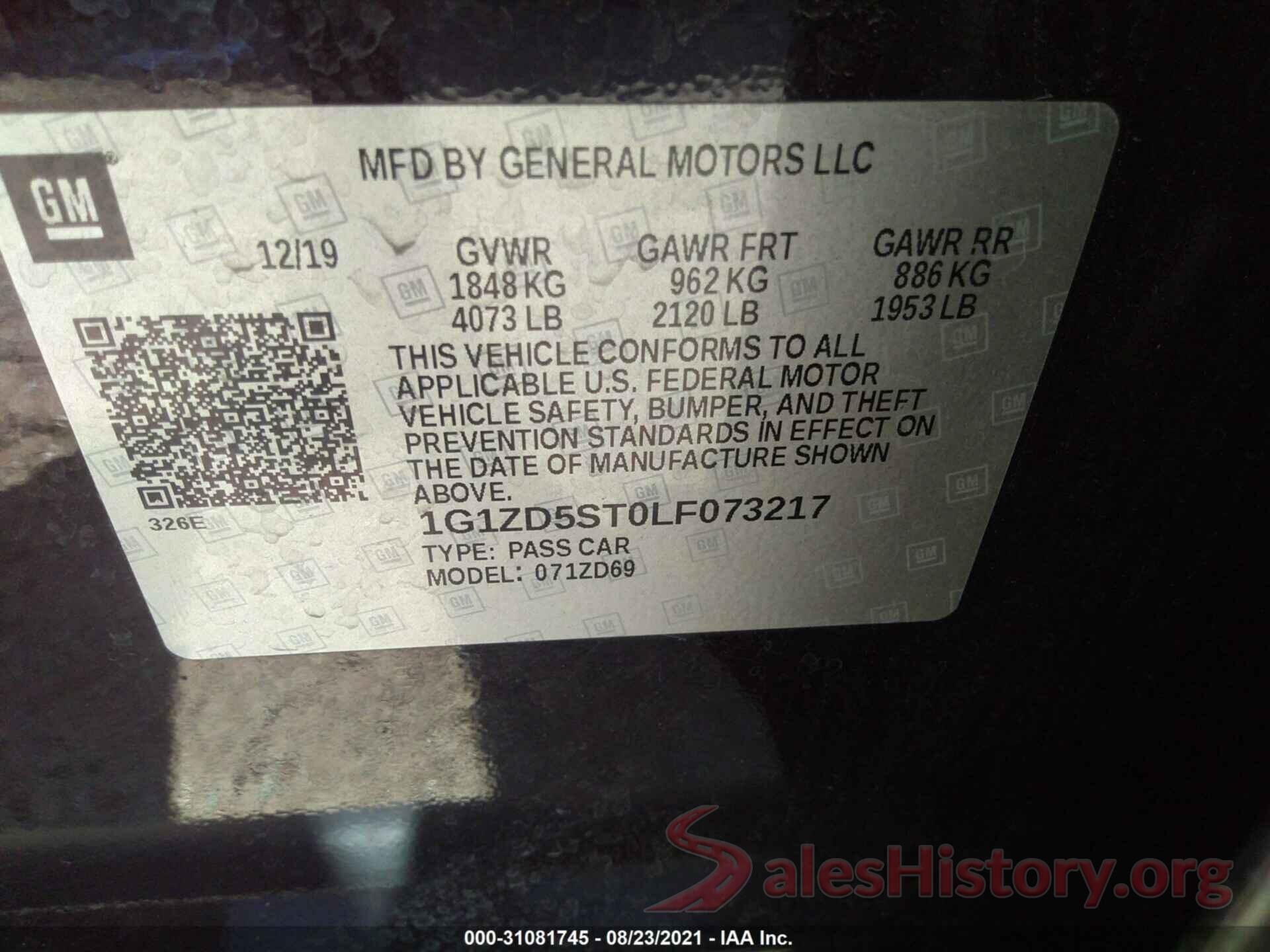 1G1ZD5ST0LF073217 2020 CHEVROLET MALIBU