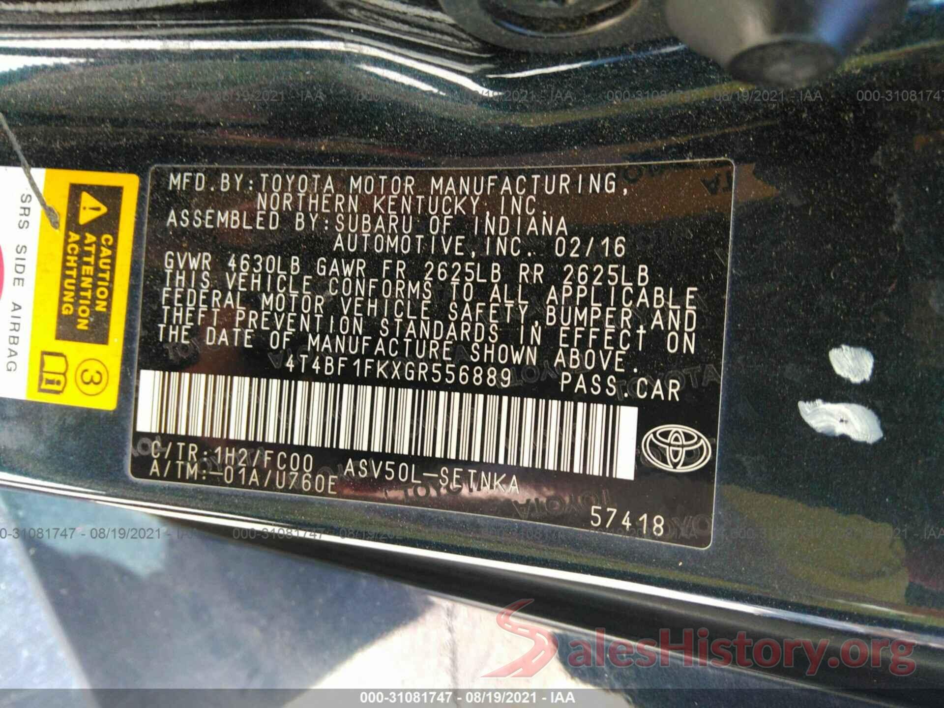 4T4BF1FKXGR556889 2016 TOYOTA CAMRY