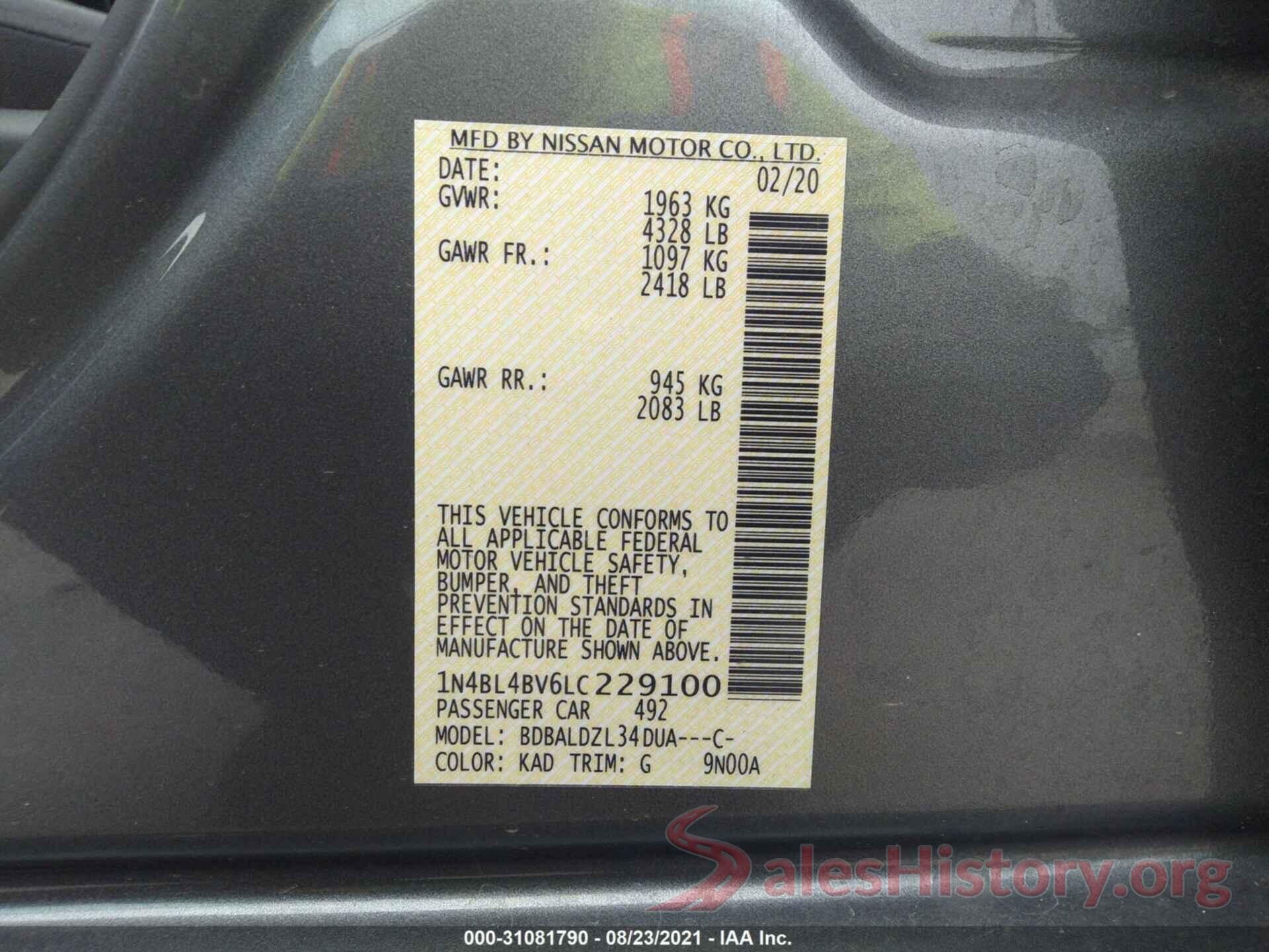 1N4BL4BV6LC229100 2020 NISSAN ALTIMA