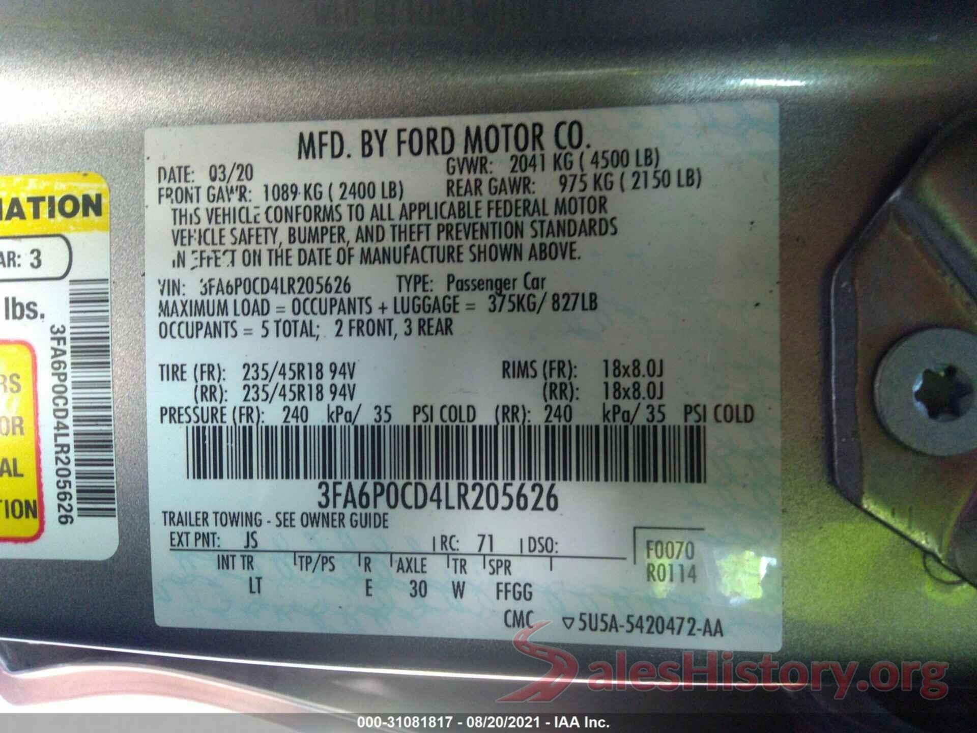 3FA6P0CD4LR205626 2020 FORD FUSION