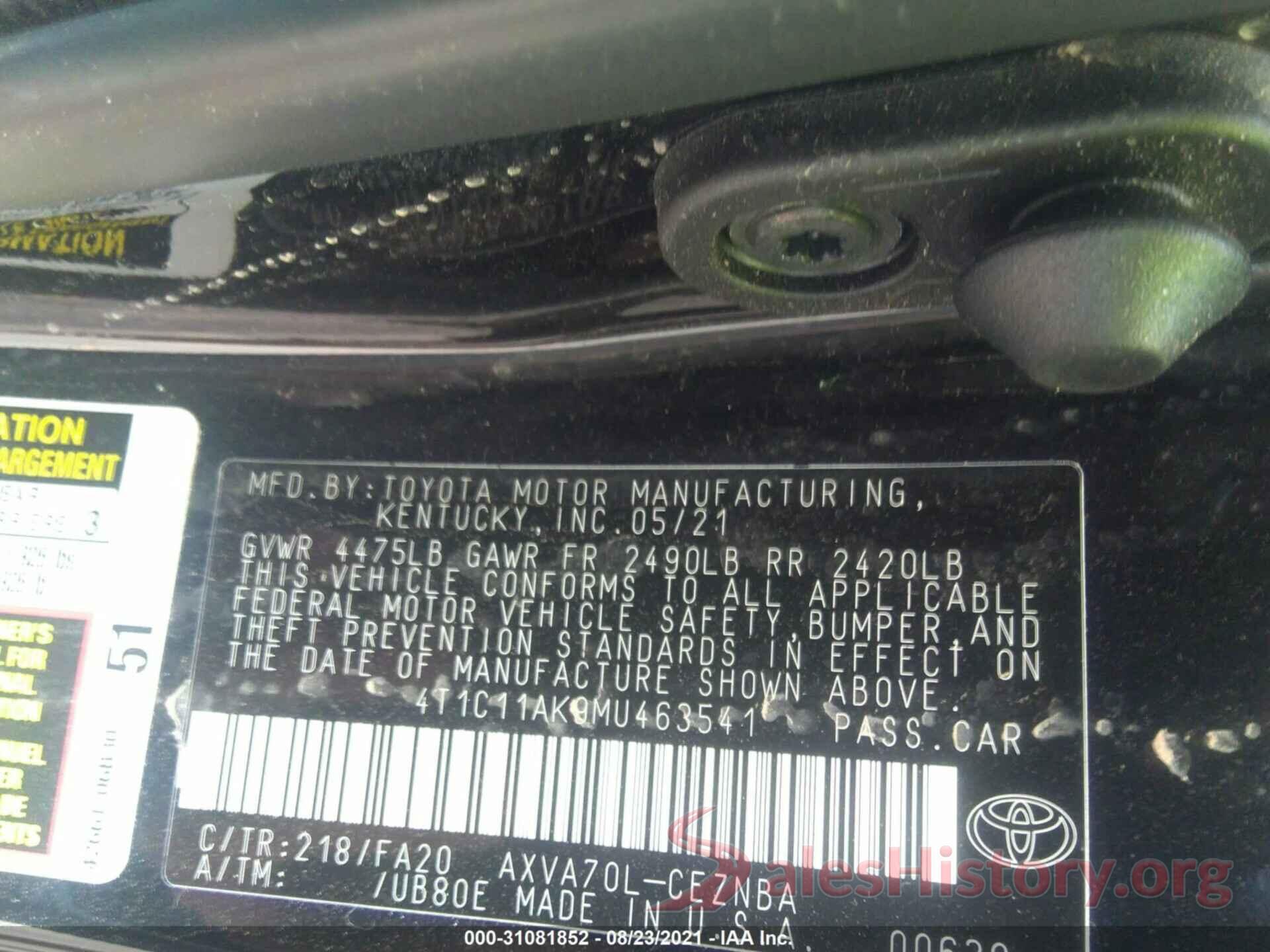 4T1C11AK9MU463541 2021 TOYOTA CAMRY