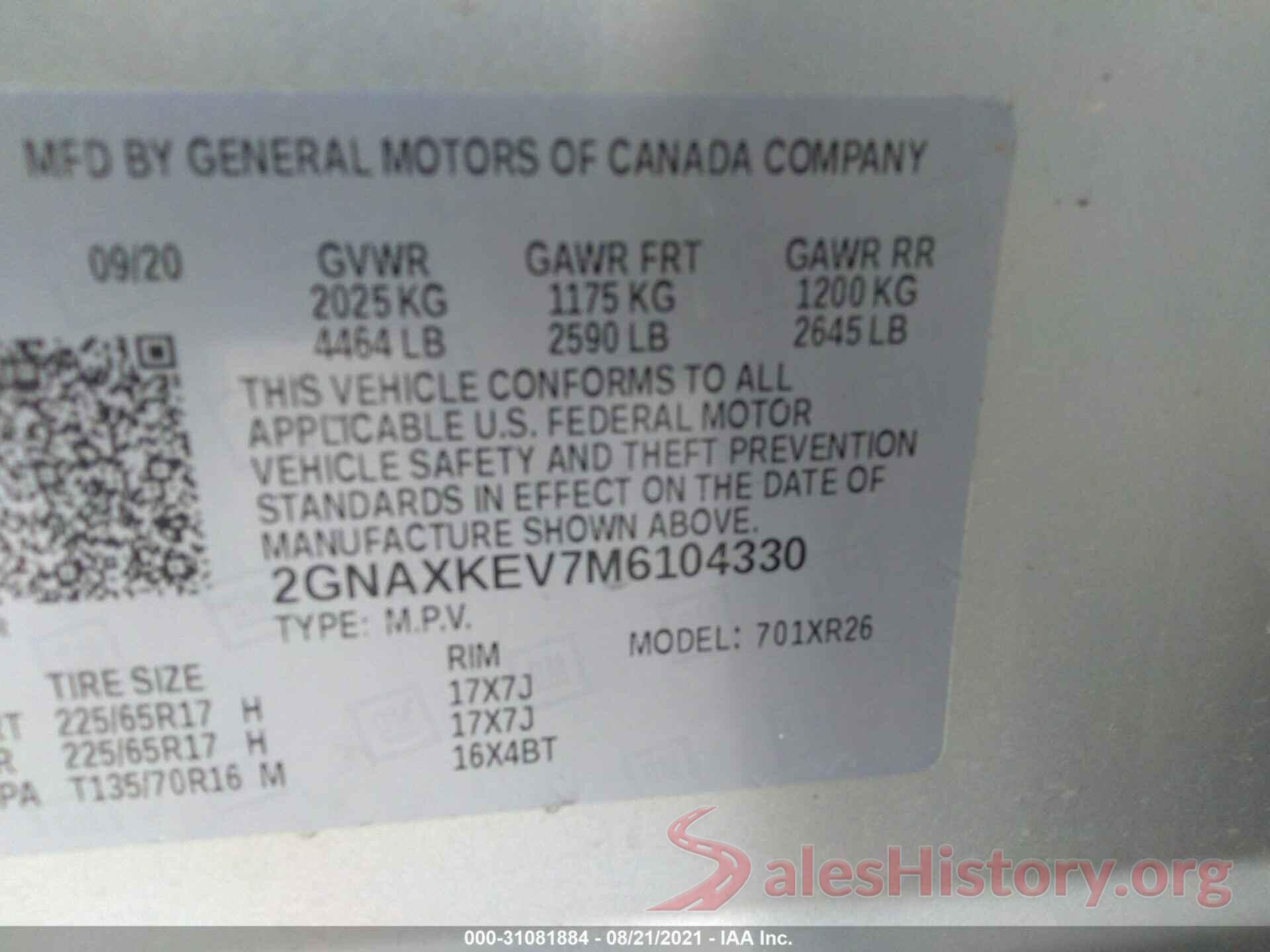 2GNAXKEV7M6104330 2021 CHEVROLET EQUINOX