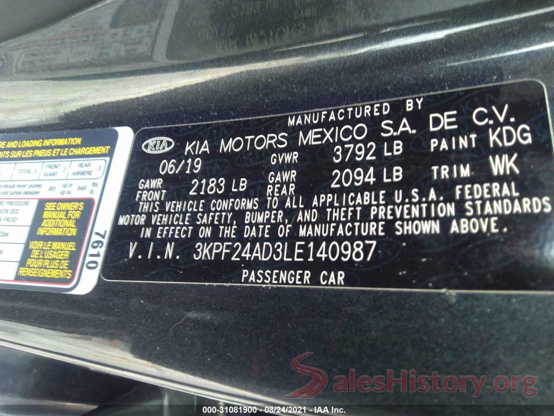 3KPF24AD3LE140987 2020 KIA FORTE