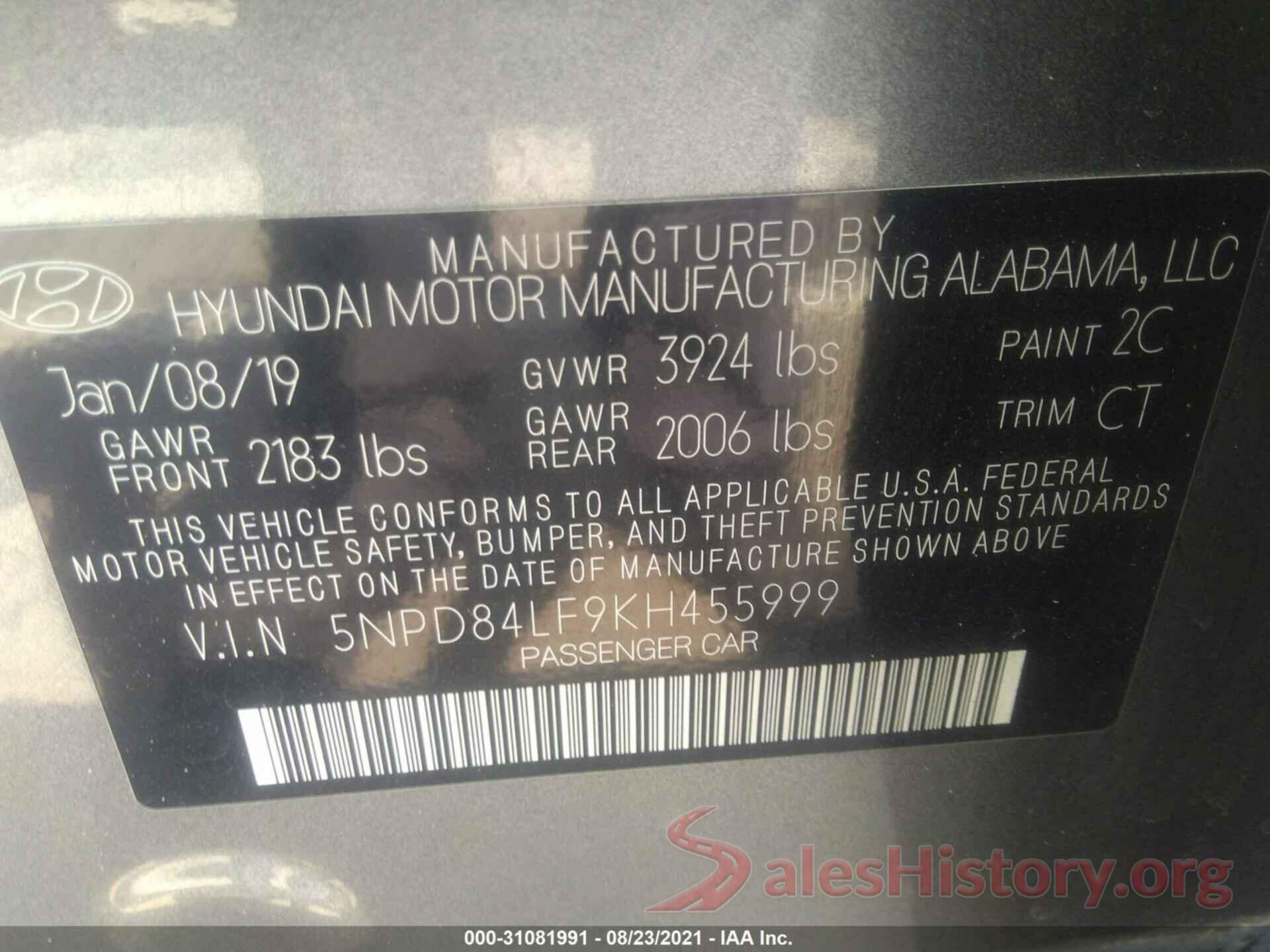 5NPD84LF9KH455999 2019 HYUNDAI ELANTRA