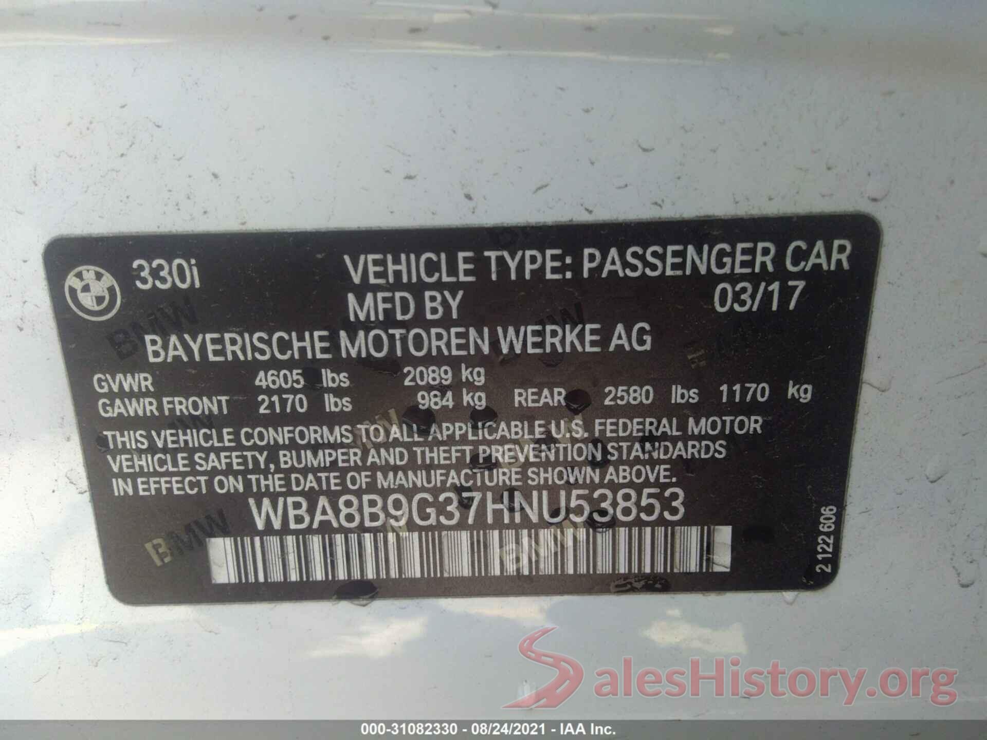 WBA8B9G37HNU53853 2017 BMW 3 SERIES