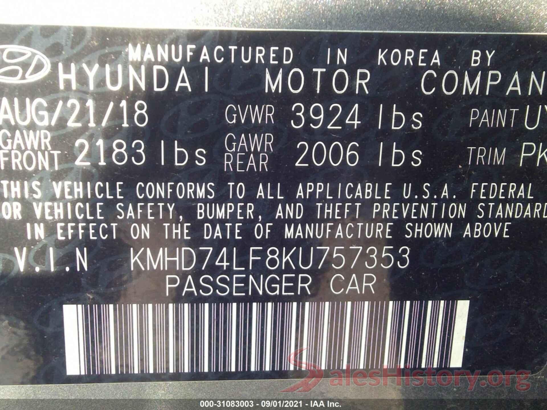 KMHD74LF8KU757353 2019 HYUNDAI ELANTRA