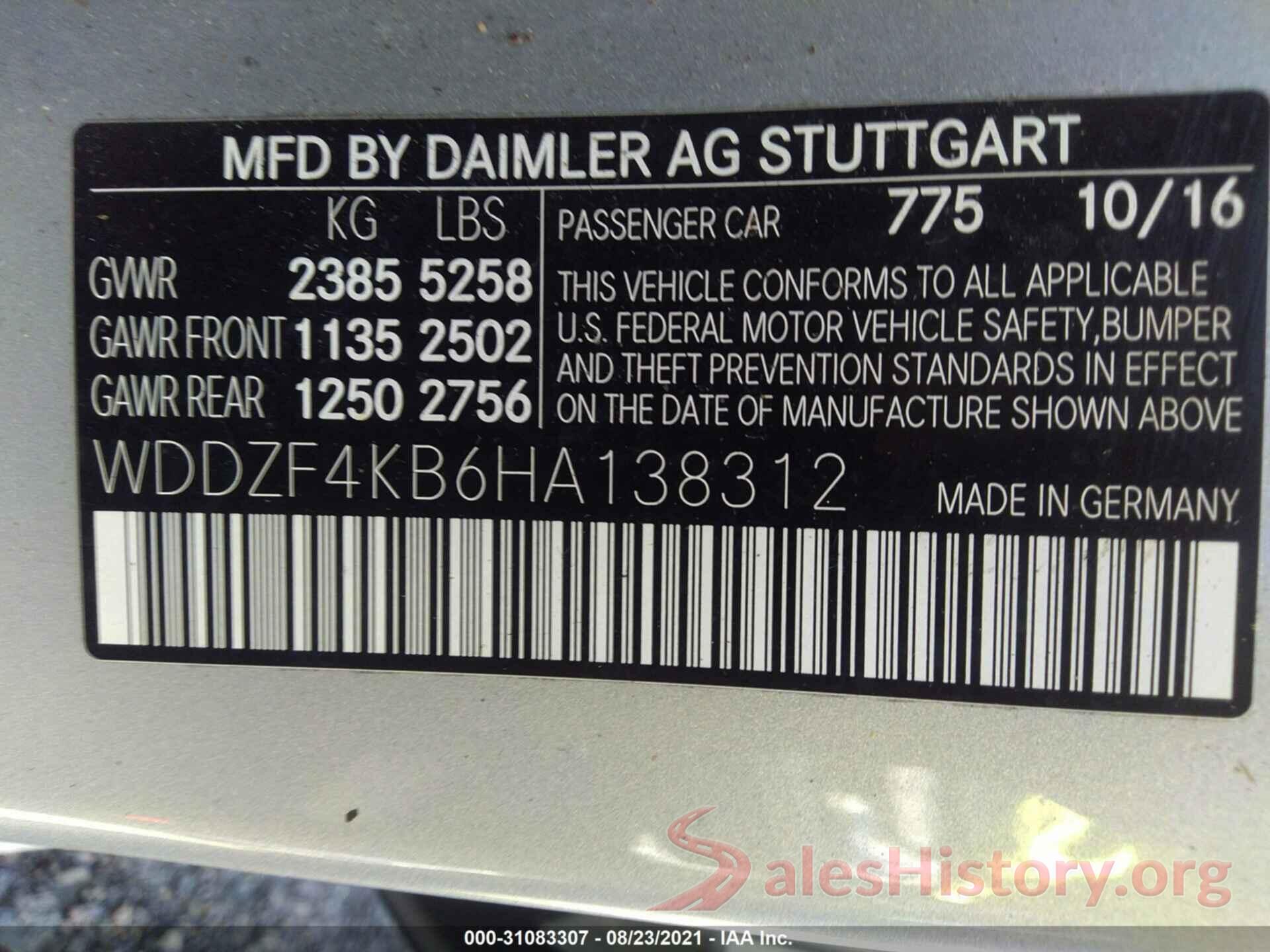 WDDZF4KB6HA138312 2017 MERCEDES-BENZ E-CLASS