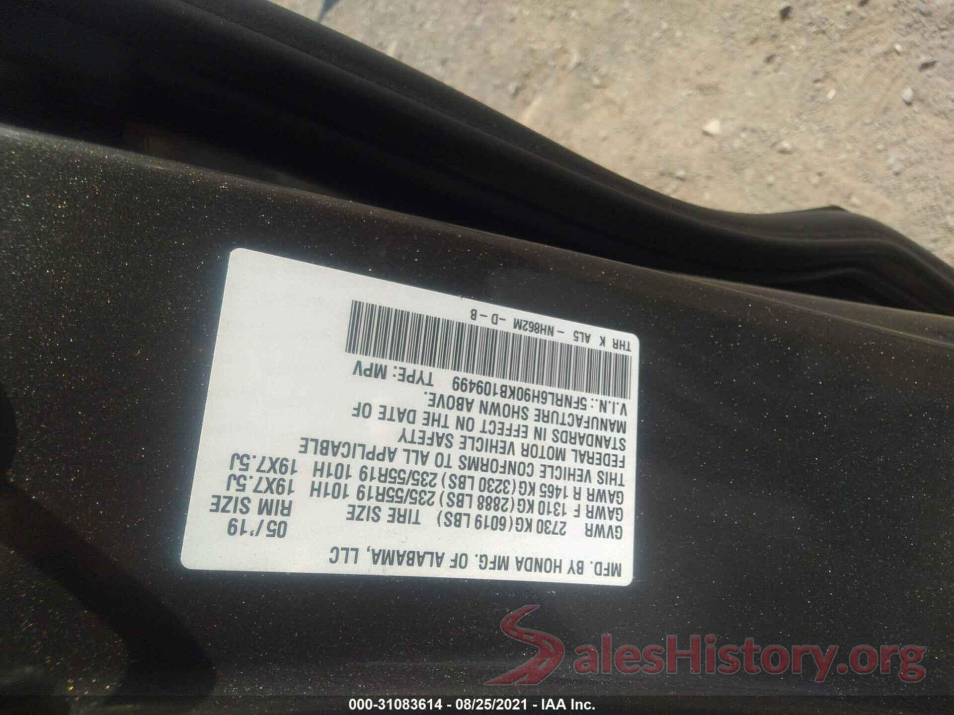 5FNRL6H90KB109499 2019 HONDA ODYSSEY