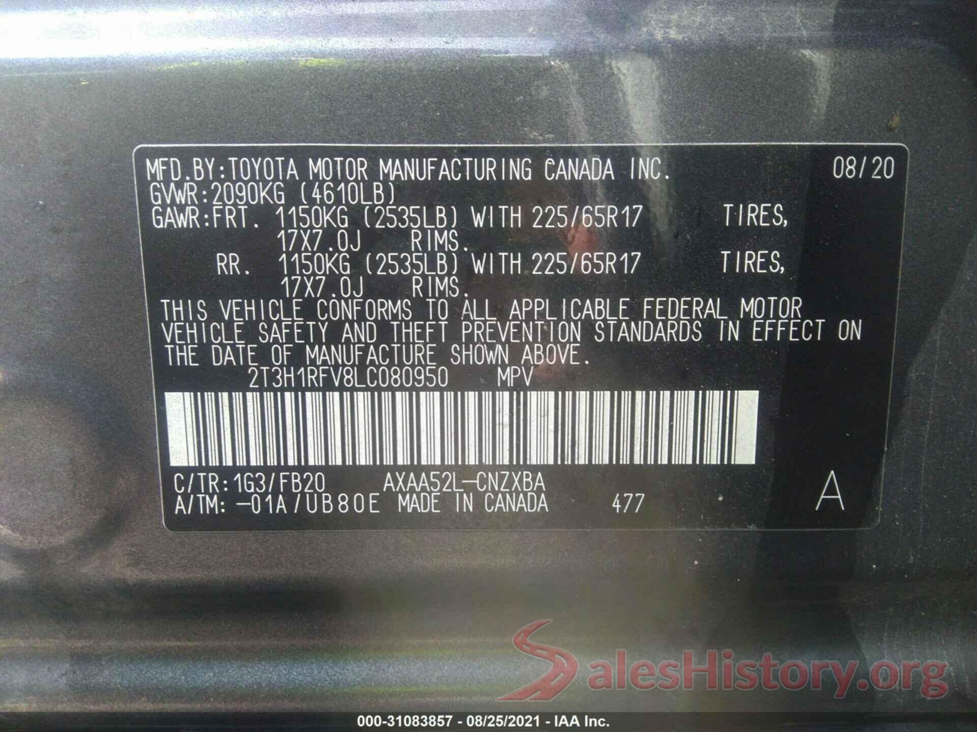 2T3H1RFV8LC080950 2020 TOYOTA RAV4