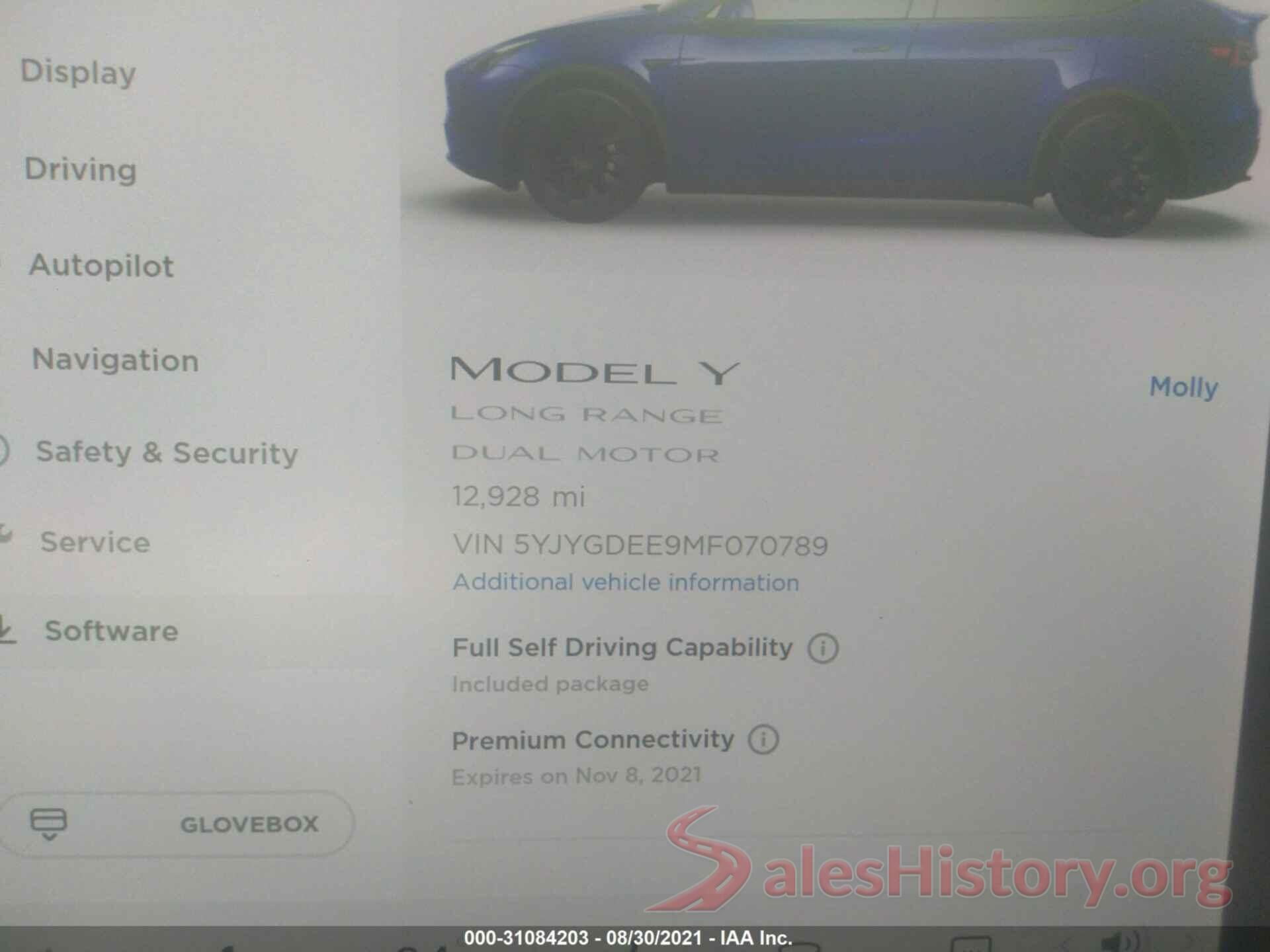 5YJYGDEE9MF070789 2021 TESLA MODEL Y