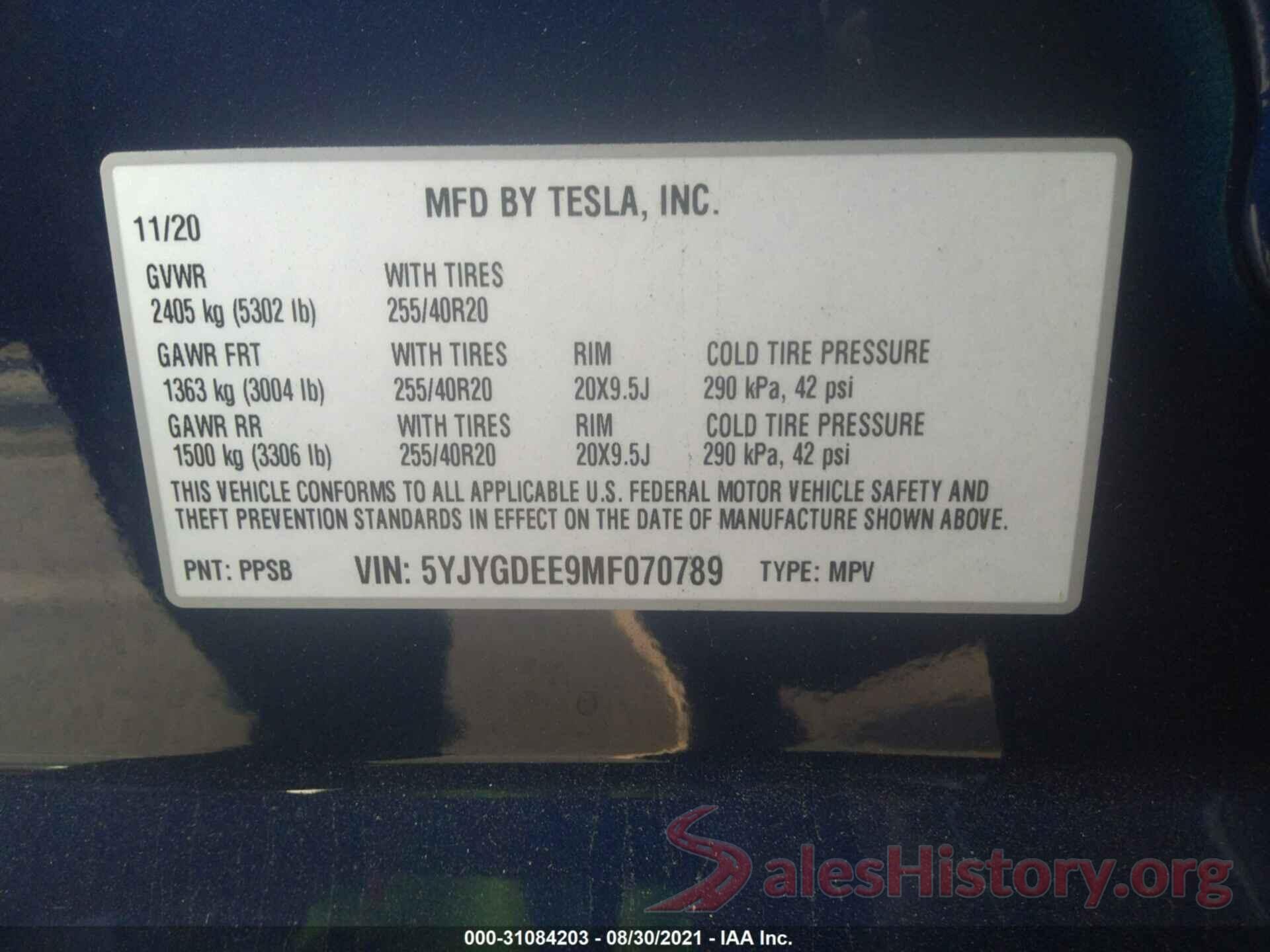 5YJYGDEE9MF070789 2021 TESLA MODEL Y