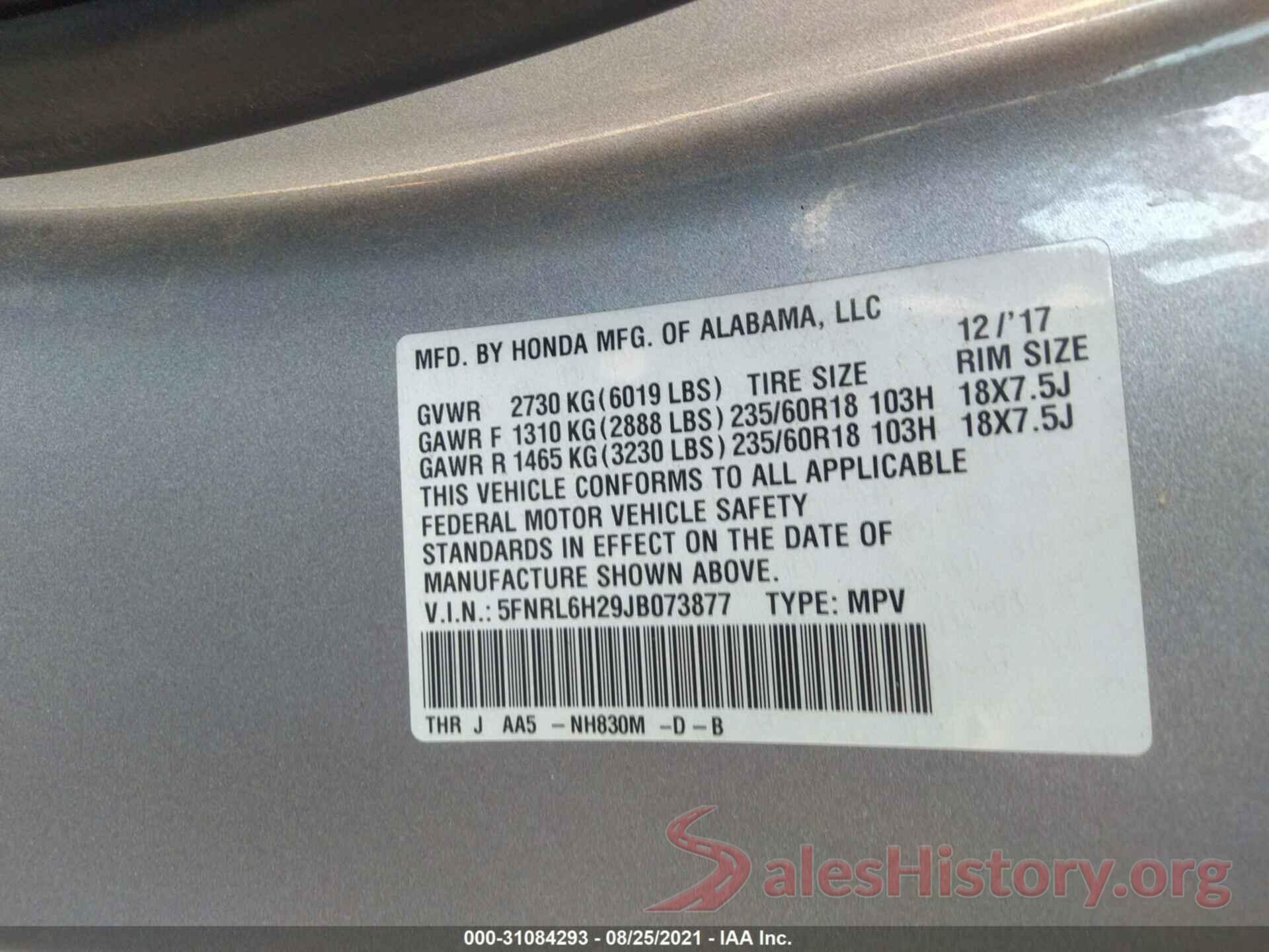 5FNRL6H29JB073877 2018 HONDA ODYSSEY