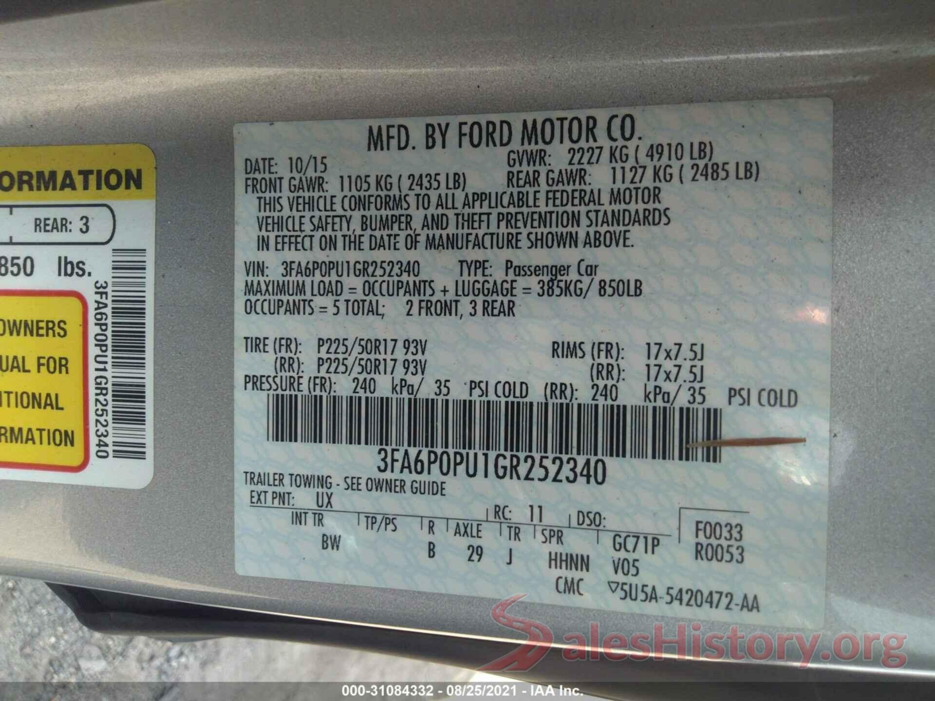 3FA6P0PU1GR252340 2016 FORD FUSION ENERGI