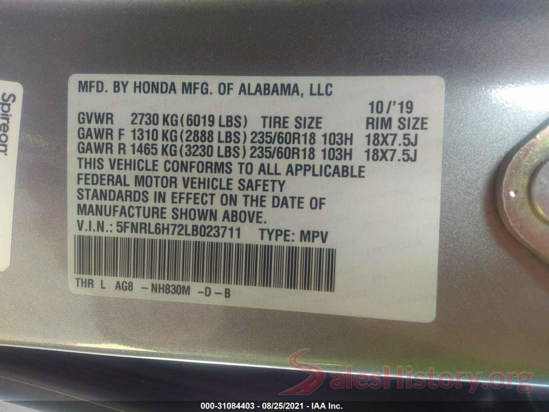 5FNRL6H72LB023711 2020 HONDA ODYSSEY