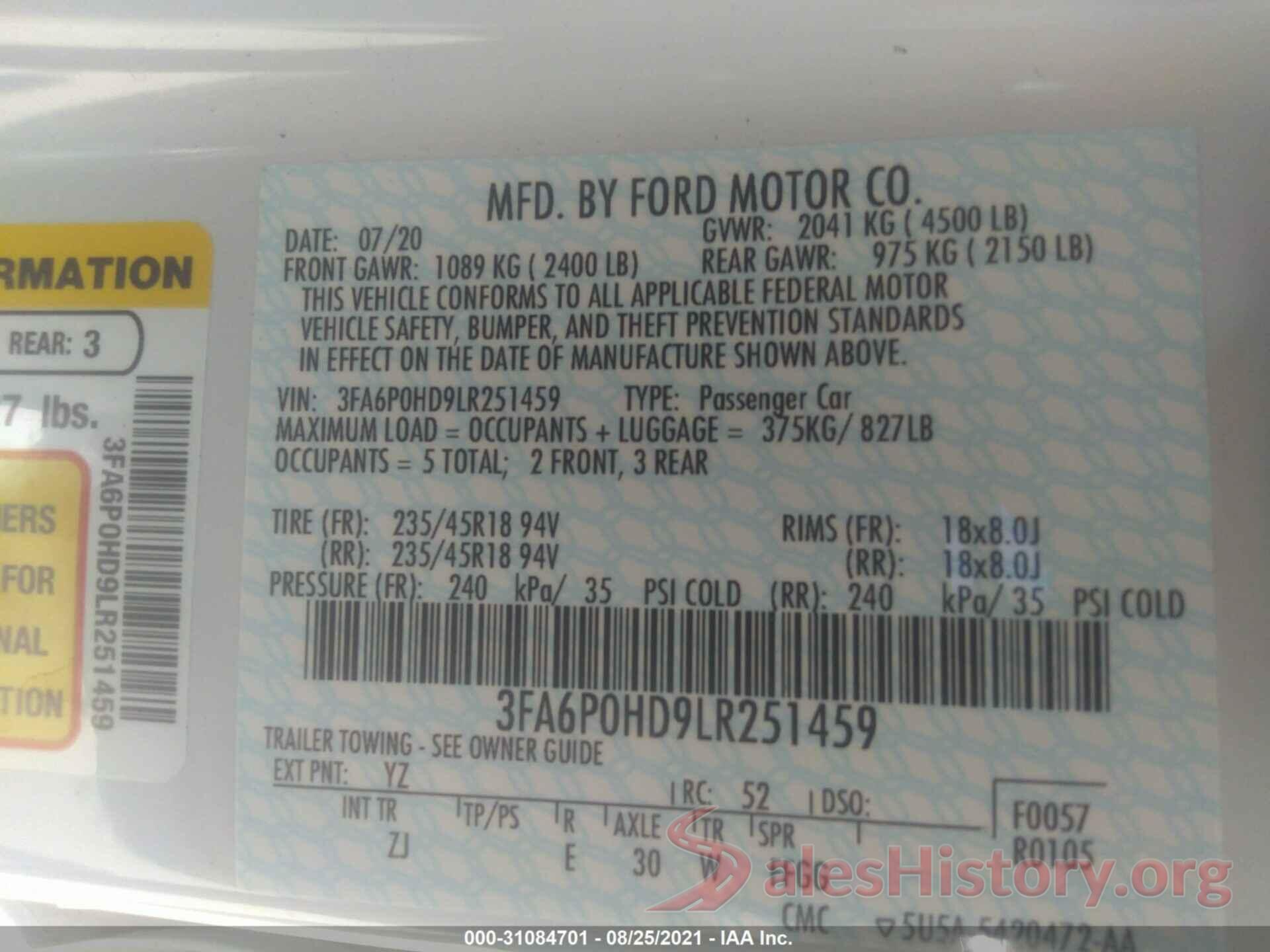 3FA6P0HD9LR251459 2020 FORD FUSION