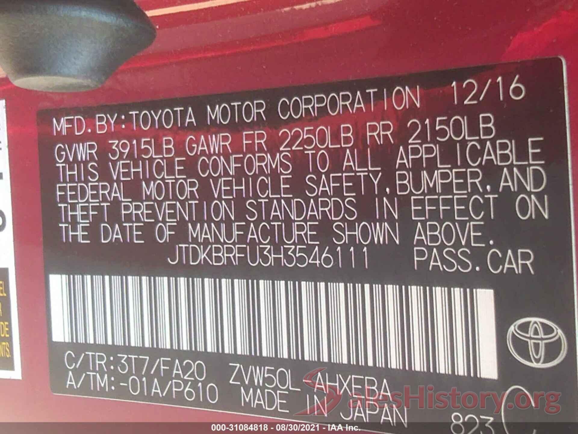 JTDKBRFU3H3546111 2017 TOYOTA PRIUS