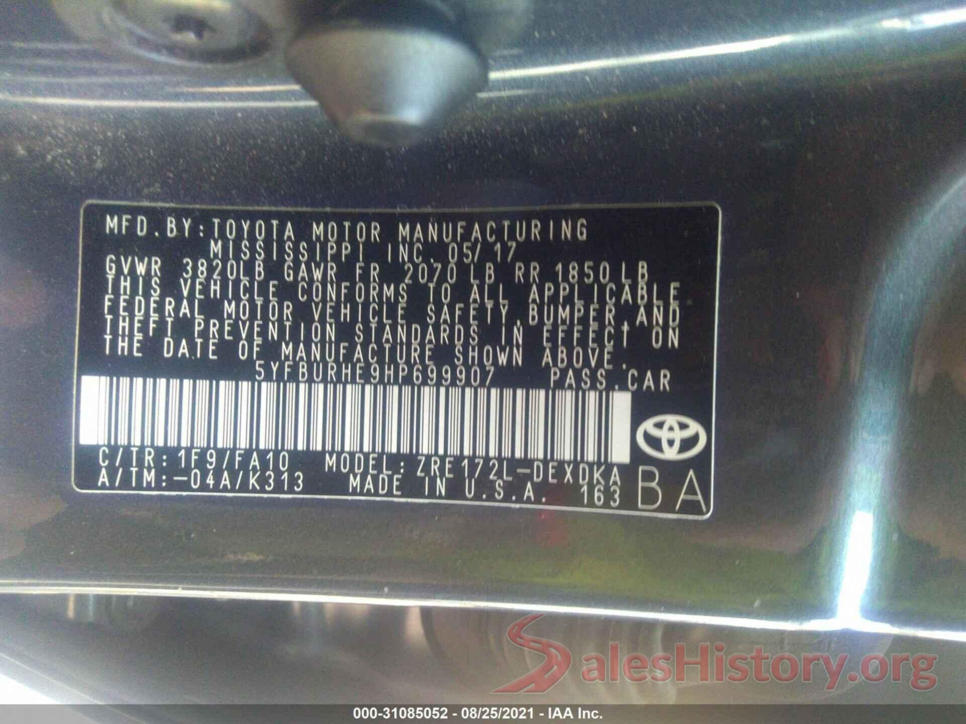 5YFBURHE9HP699907 2017 TOYOTA COROLLA