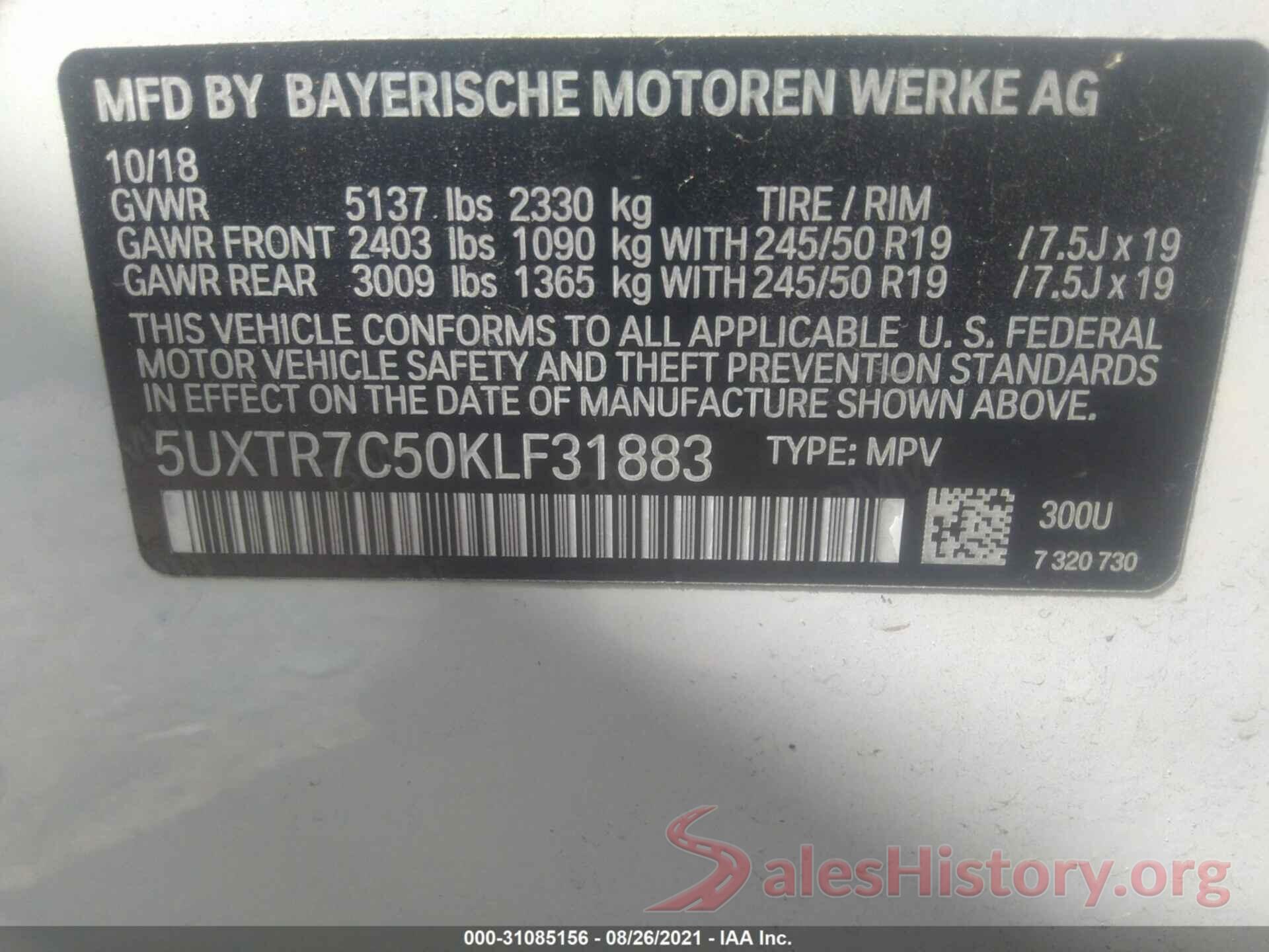 5UXTR7C50KLF31883 2019 BMW X3