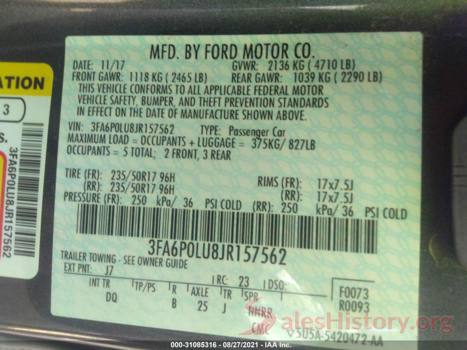 3FA6P0LU8JR157562 2018 FORD FUSION HYBRID