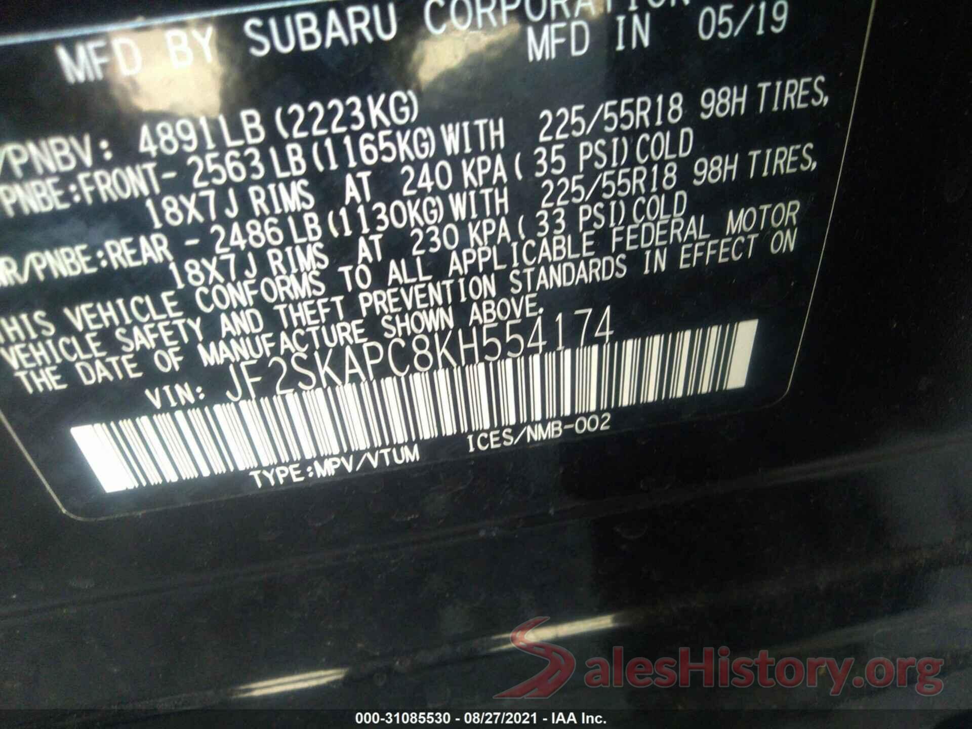 JF2SKAPC8KH554174 2019 SUBARU FORESTER