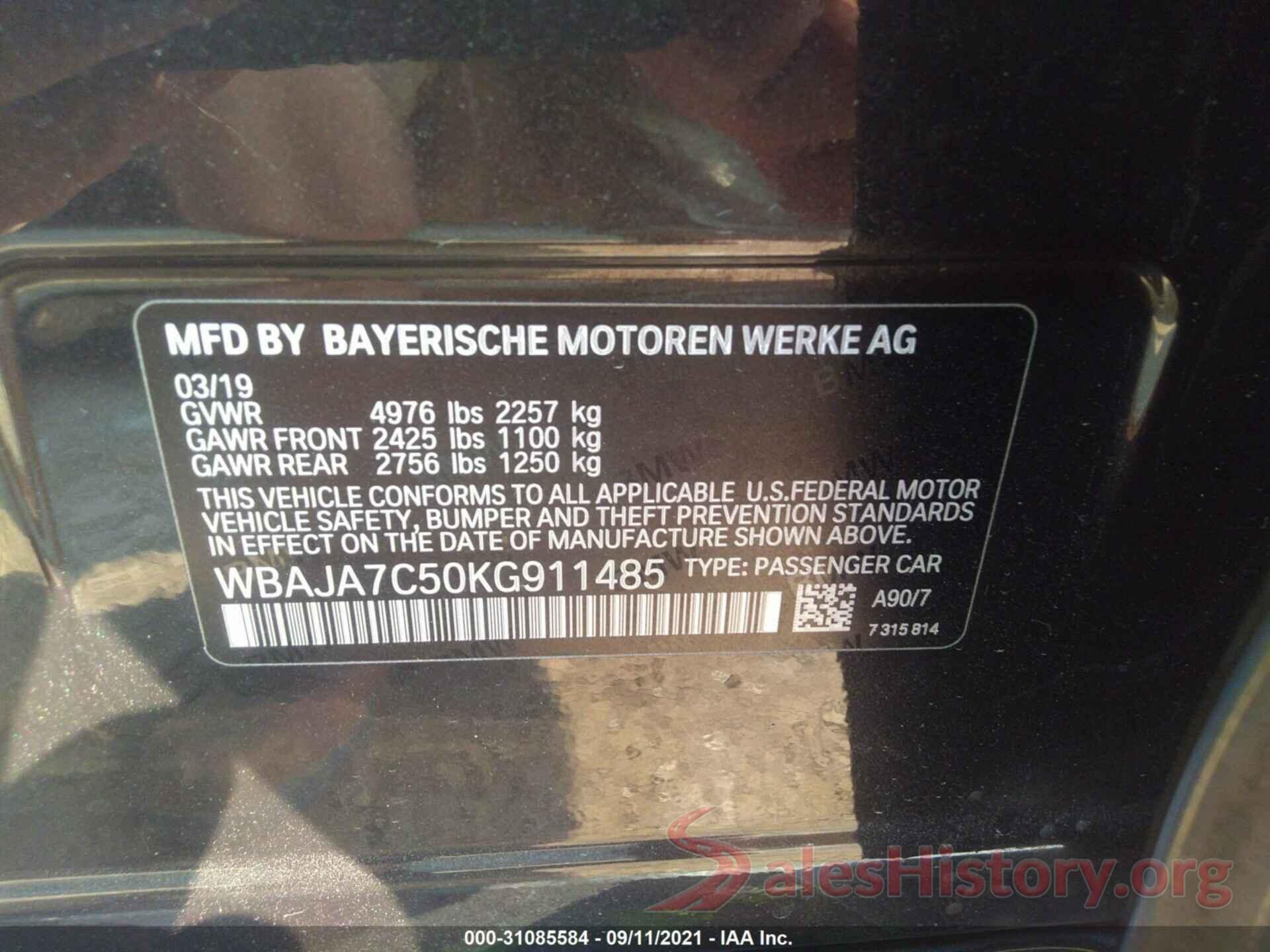 WBAJA7C50KG911485 2019 BMW 5 SERIES