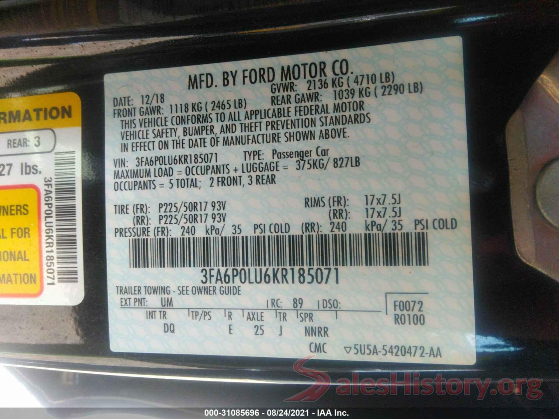 3FA6P0LU6KR185071 2019 FORD FUSION HYBRID