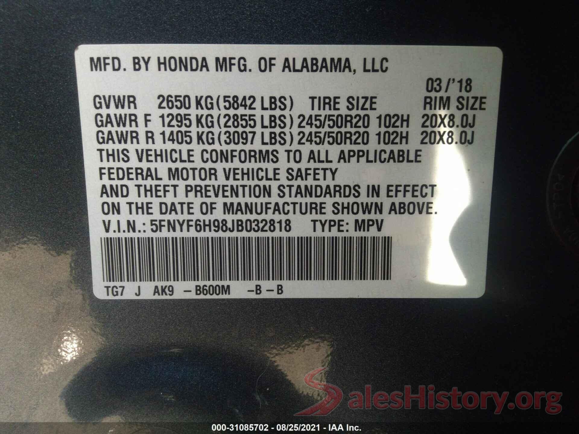 5FNYF6H98JB032818 2018 HONDA PILOT