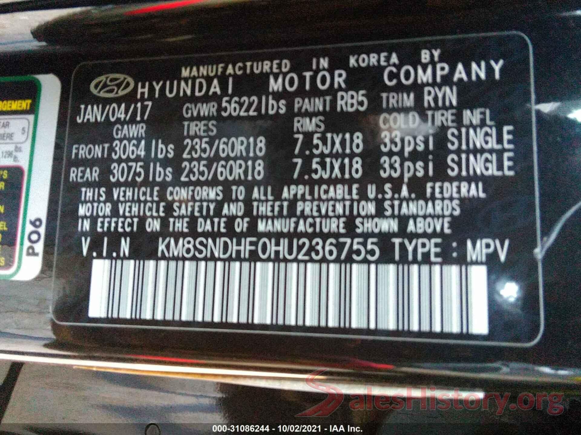 KM8SNDHF0HU236755 2017 HYUNDAI SANTA FE