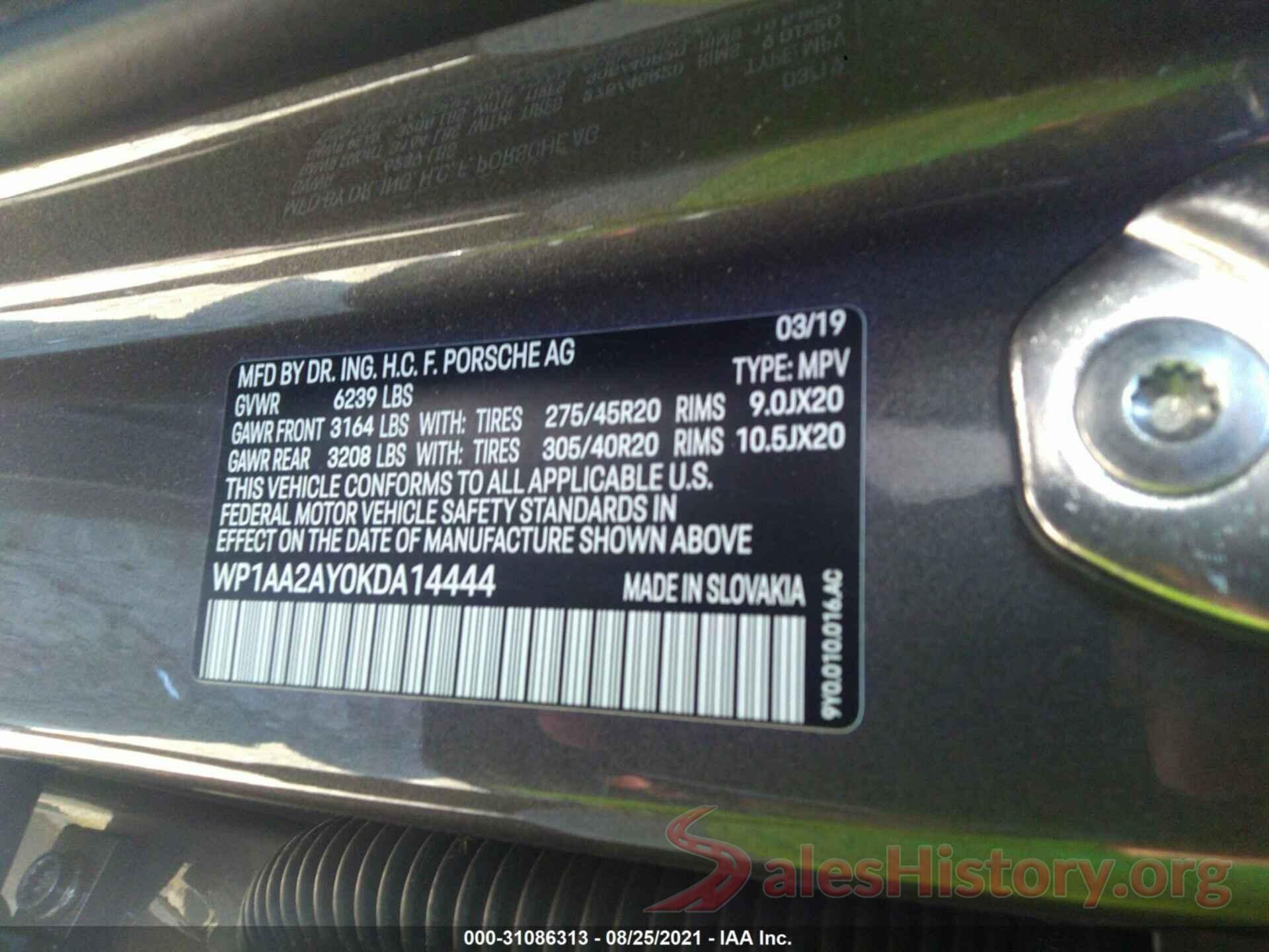 WP1AA2AY0KDA14444 2019 PORSCHE CAYENNE