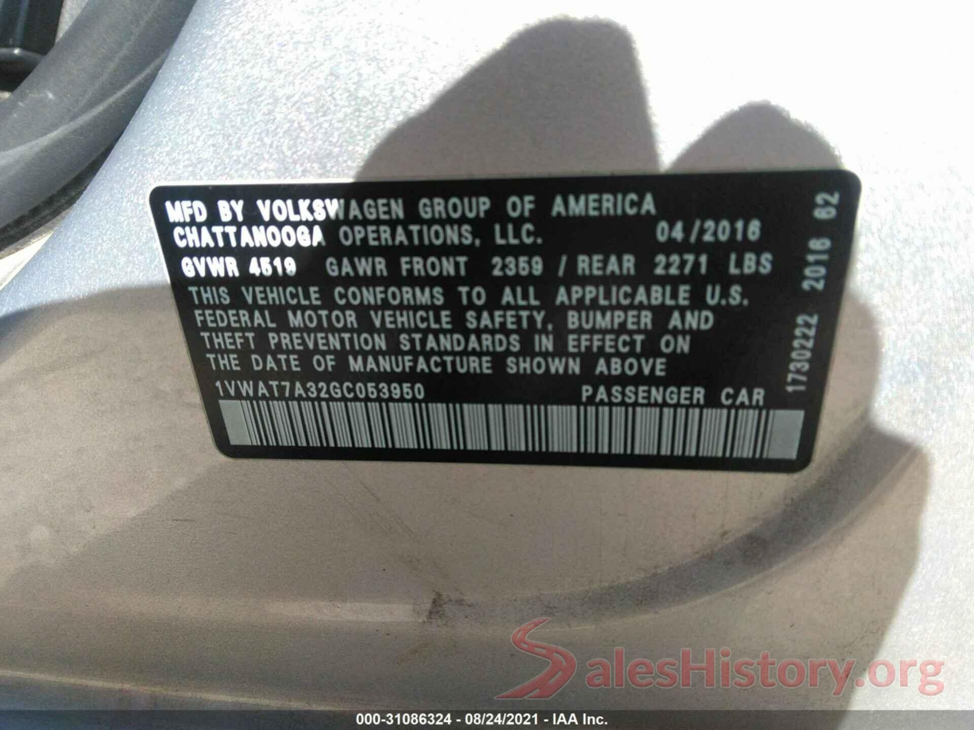 1VWAT7A32GC053950 2016 VOLKSWAGEN PASSAT