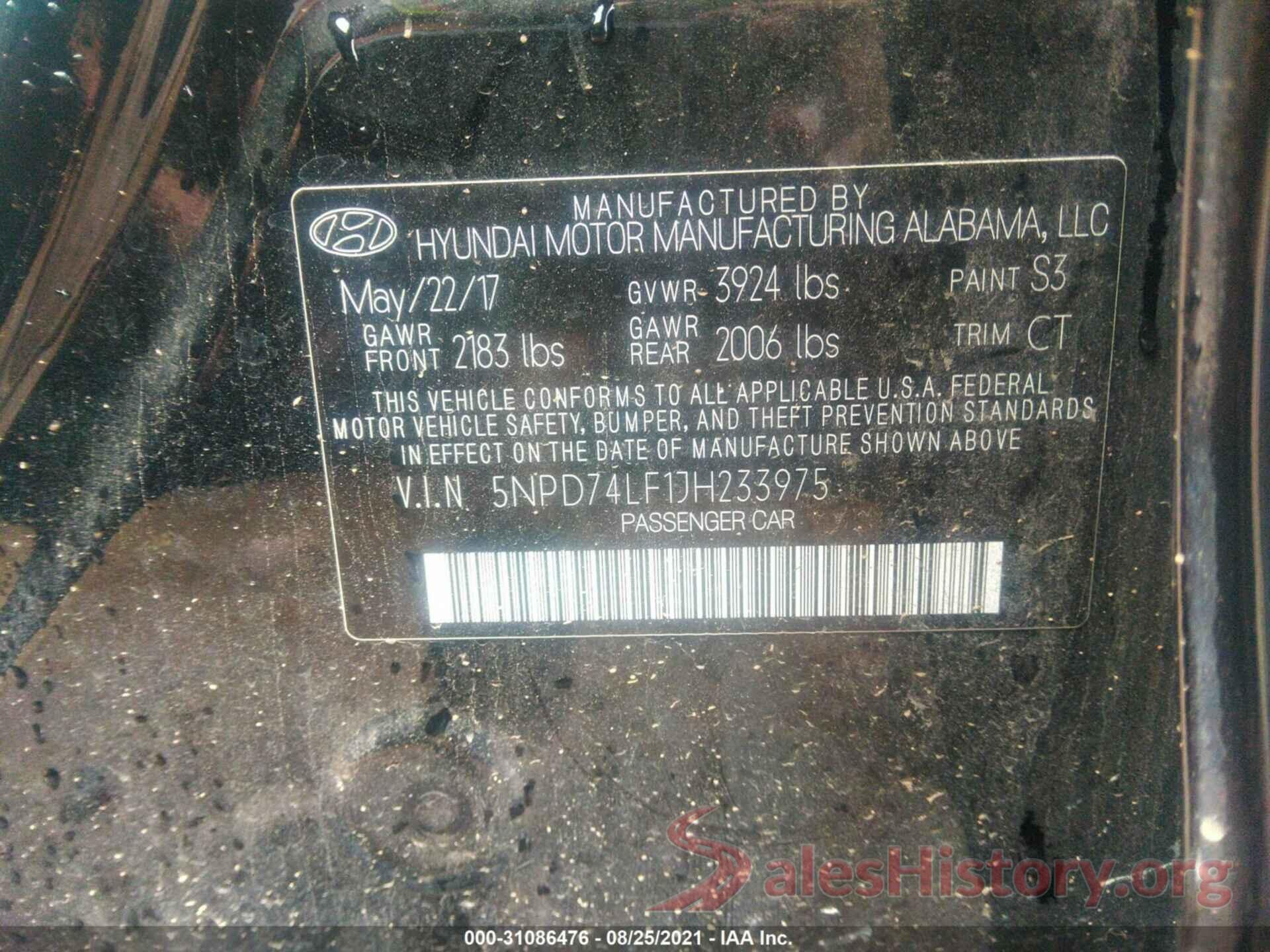 5NPD74LF1JH233975 2018 HYUNDAI ELANTRA