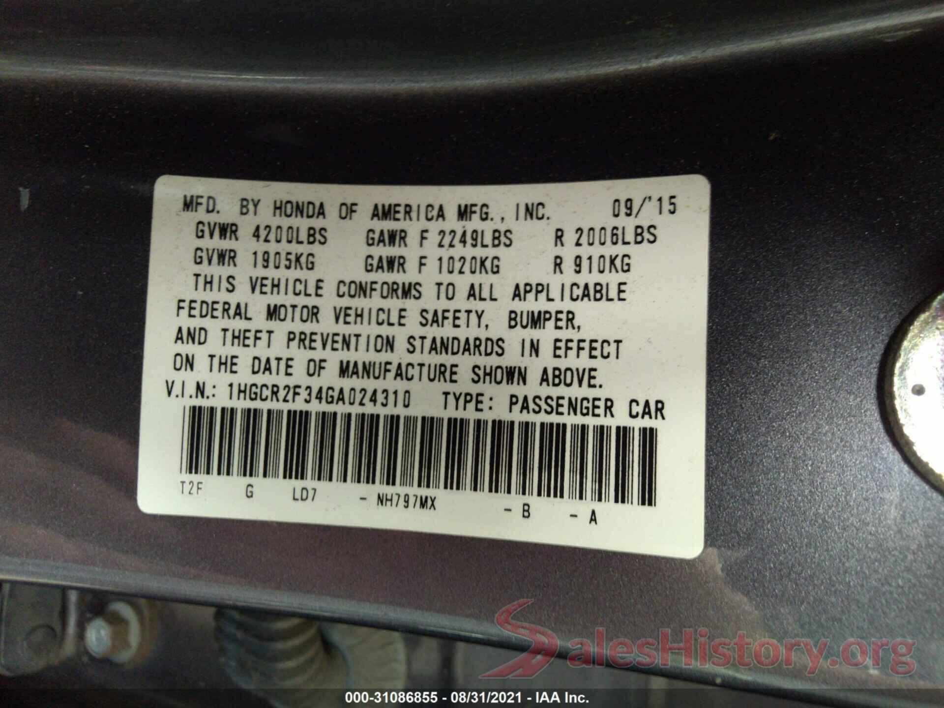 1HGCR2F34GA024310 2016 HONDA ACCORD SEDAN