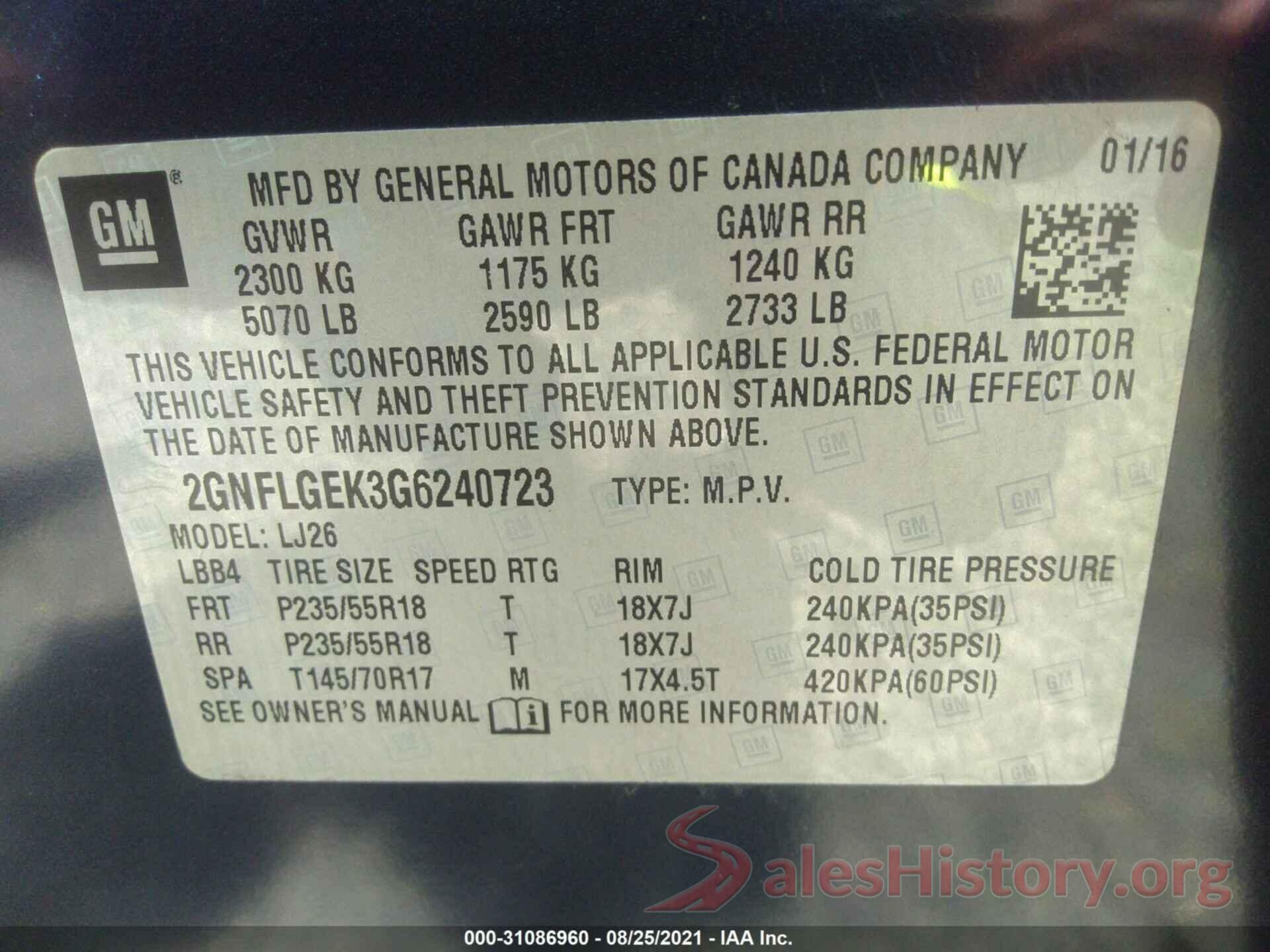 2GNFLGEK3G6240723 2016 CHEVROLET EQUINOX