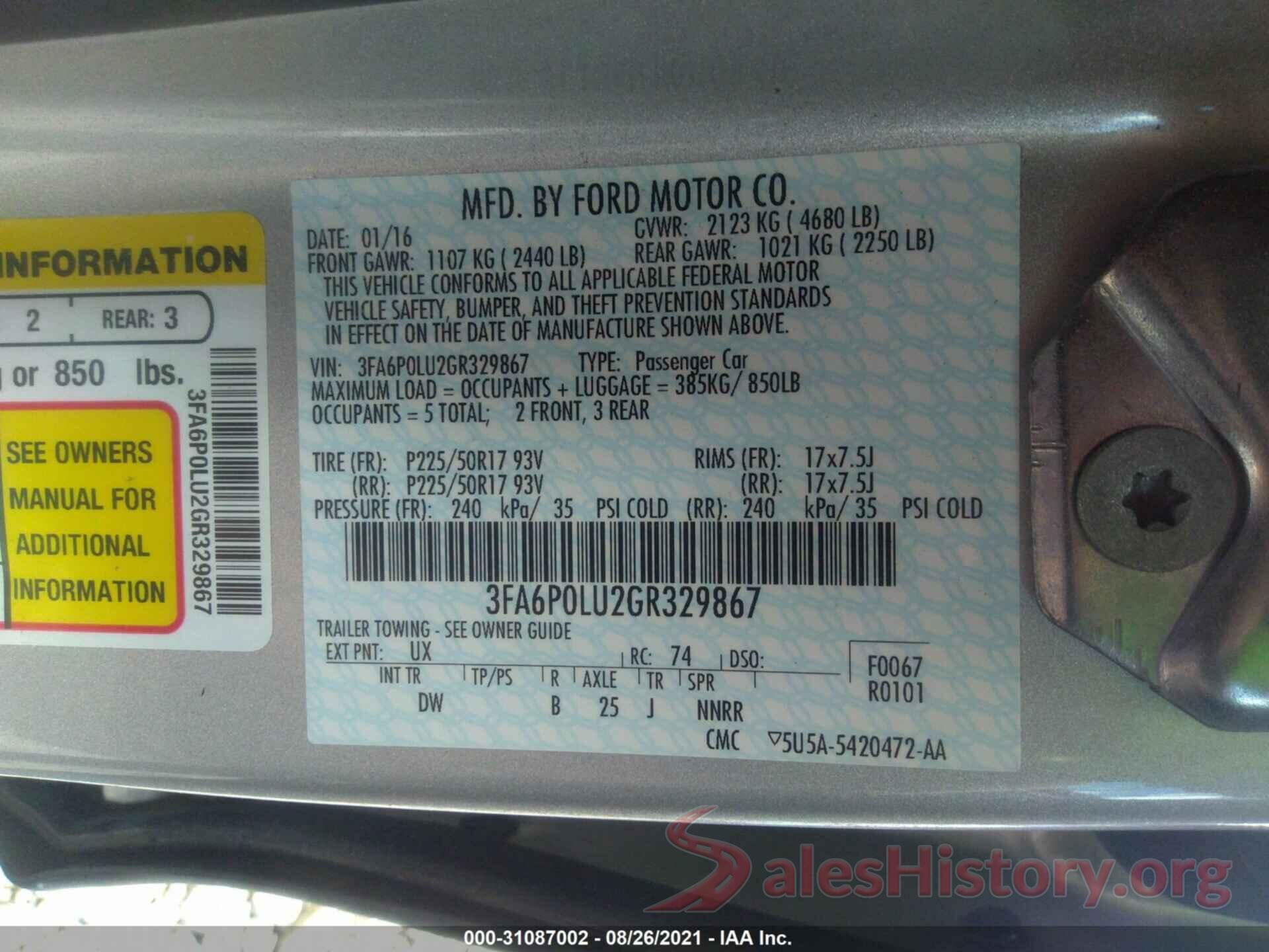 3FA6P0LU2GR329867 2016 FORD FUSION