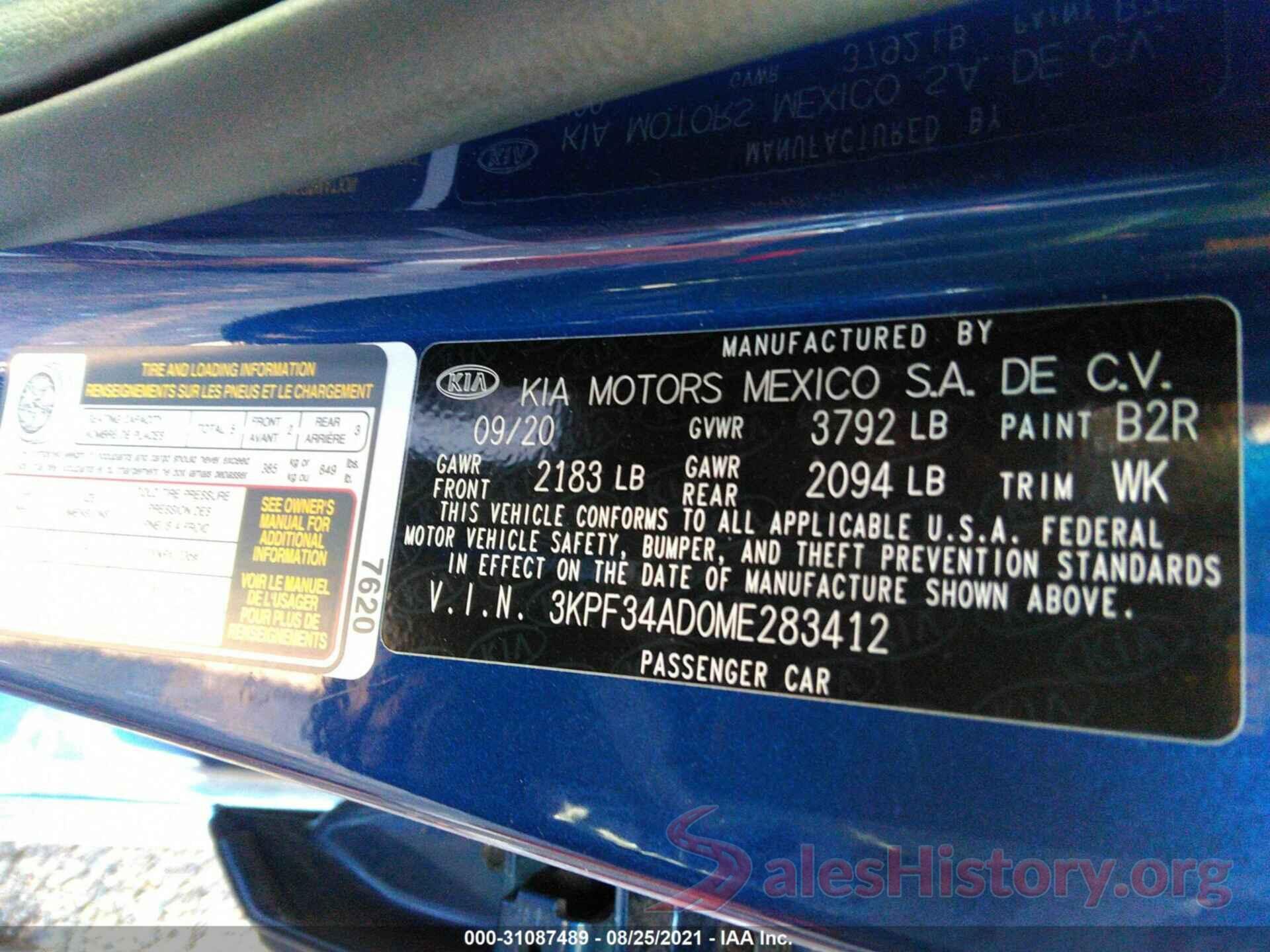 3KPF34AD0ME283412 2021 KIA FORTE