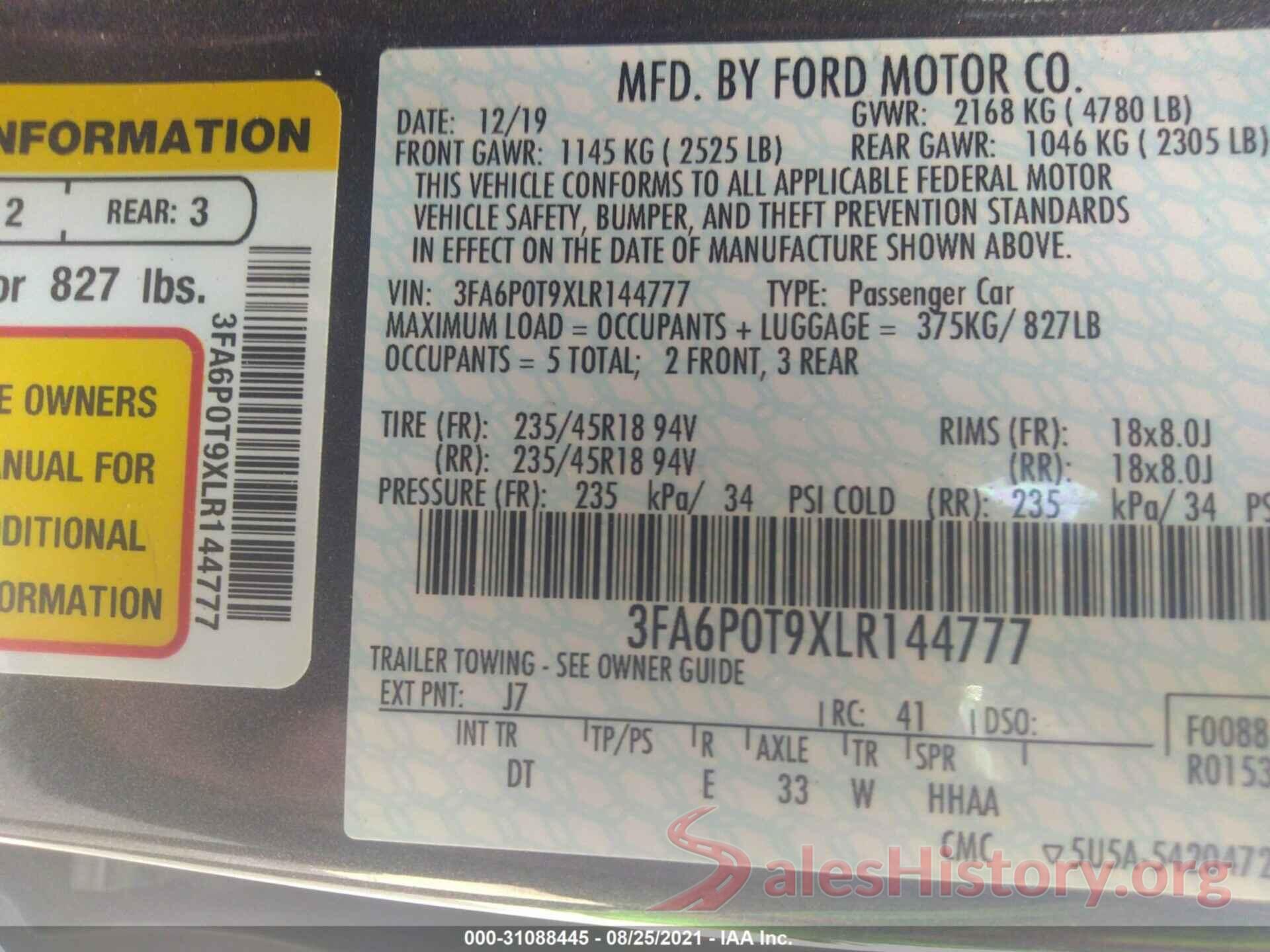 3FA6P0T9XLR144777 2020 FORD FUSION