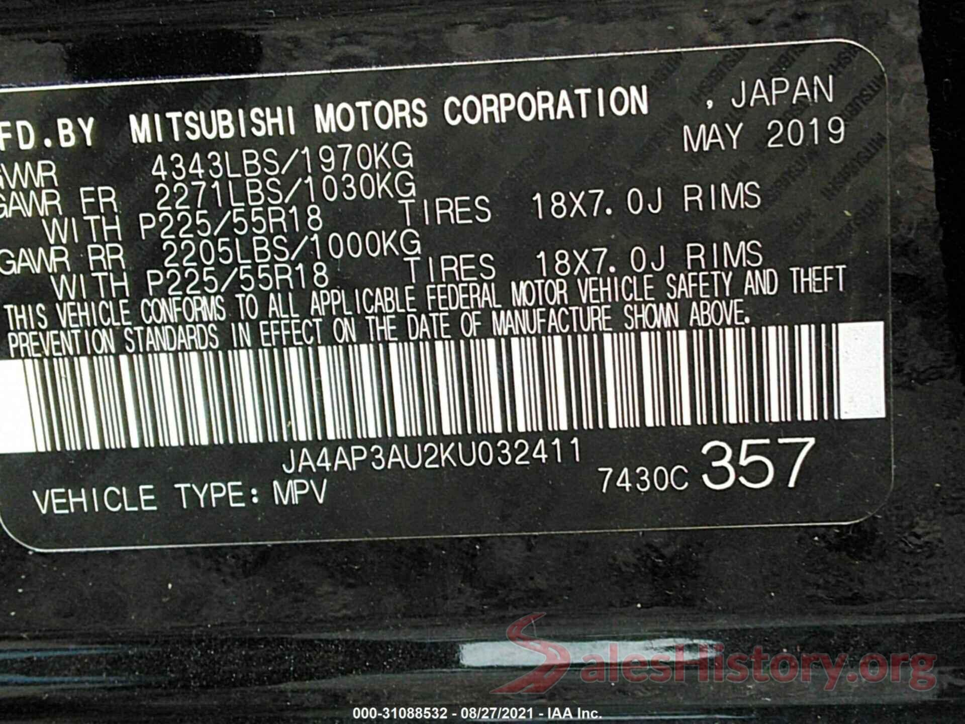 JA4AP3AU2KU032411 2019 MITSUBISHI OUTLANDER SPORT