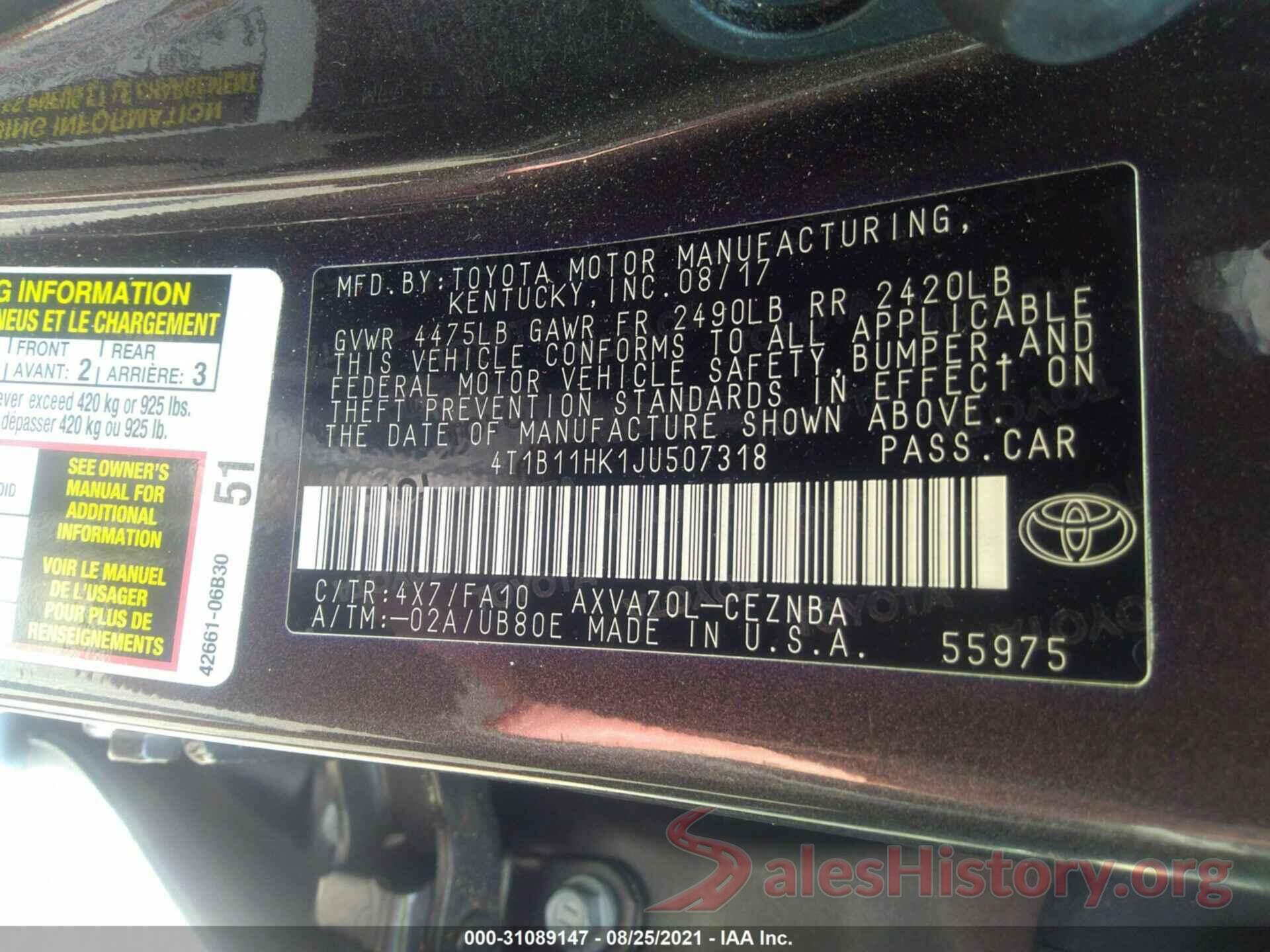 4T1B11HK1JU507318 2018 TOYOTA CAMRY