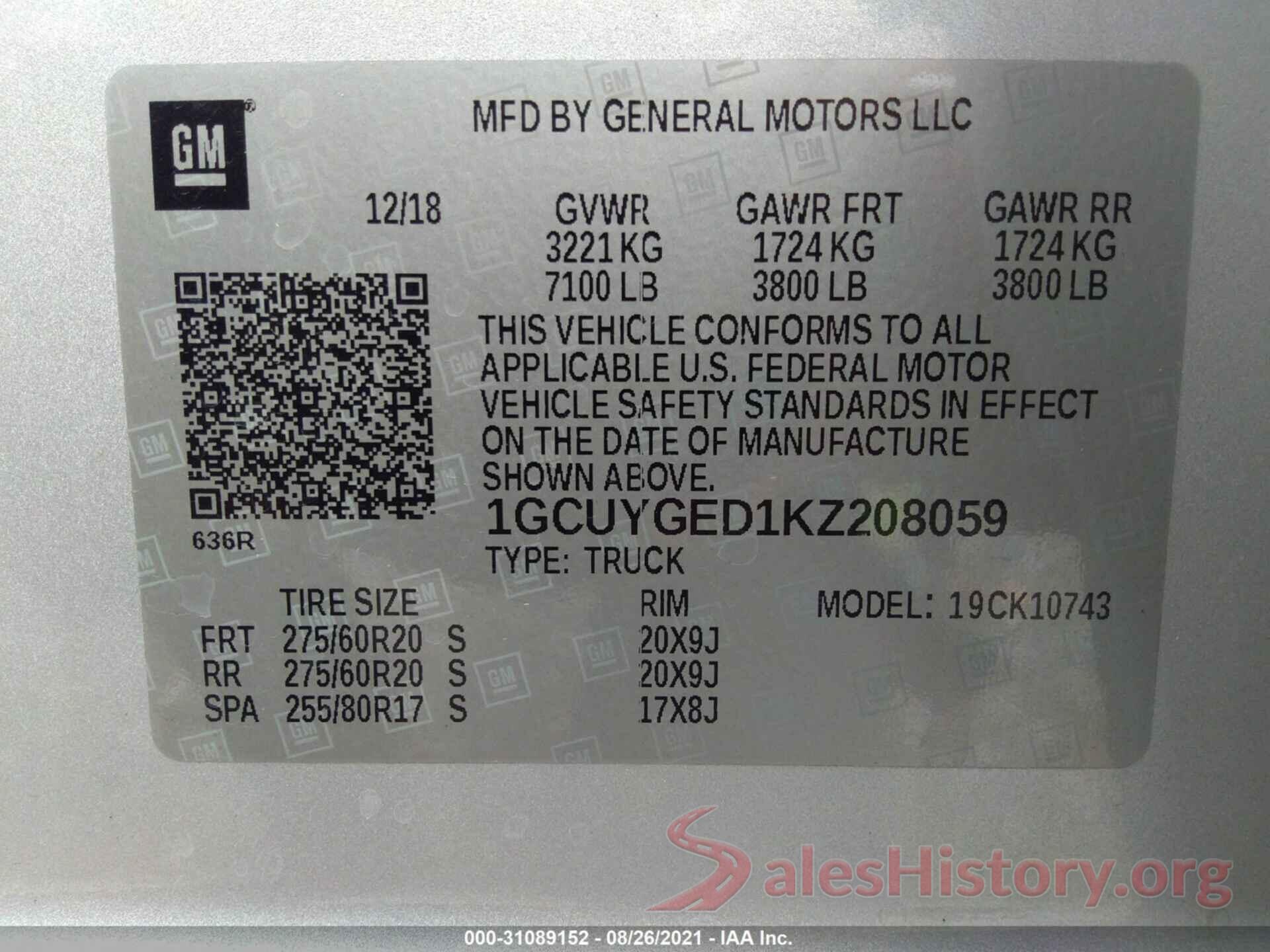 1GCUYGED1KZ208059 2019 CHEVROLET SILVERADO 1500