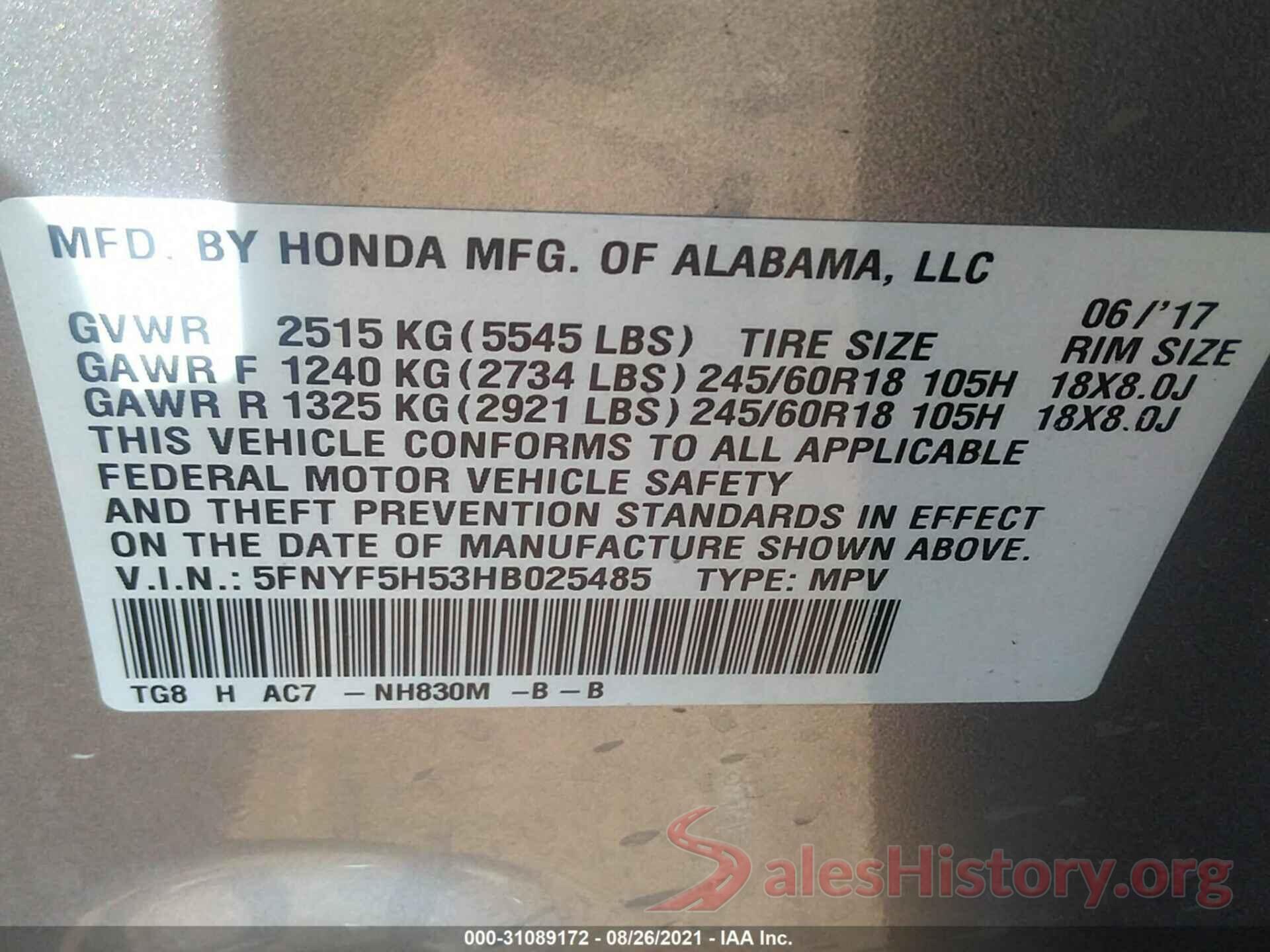 5FNYF5H53HB025485 2017 HONDA PILOT