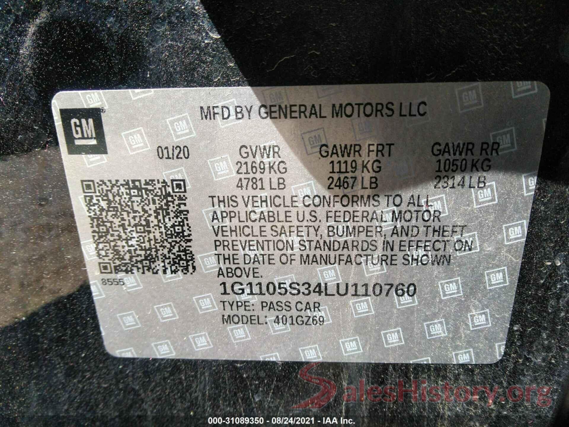 1G1105S34LU110760 2020 CHEVROLET IMPALA