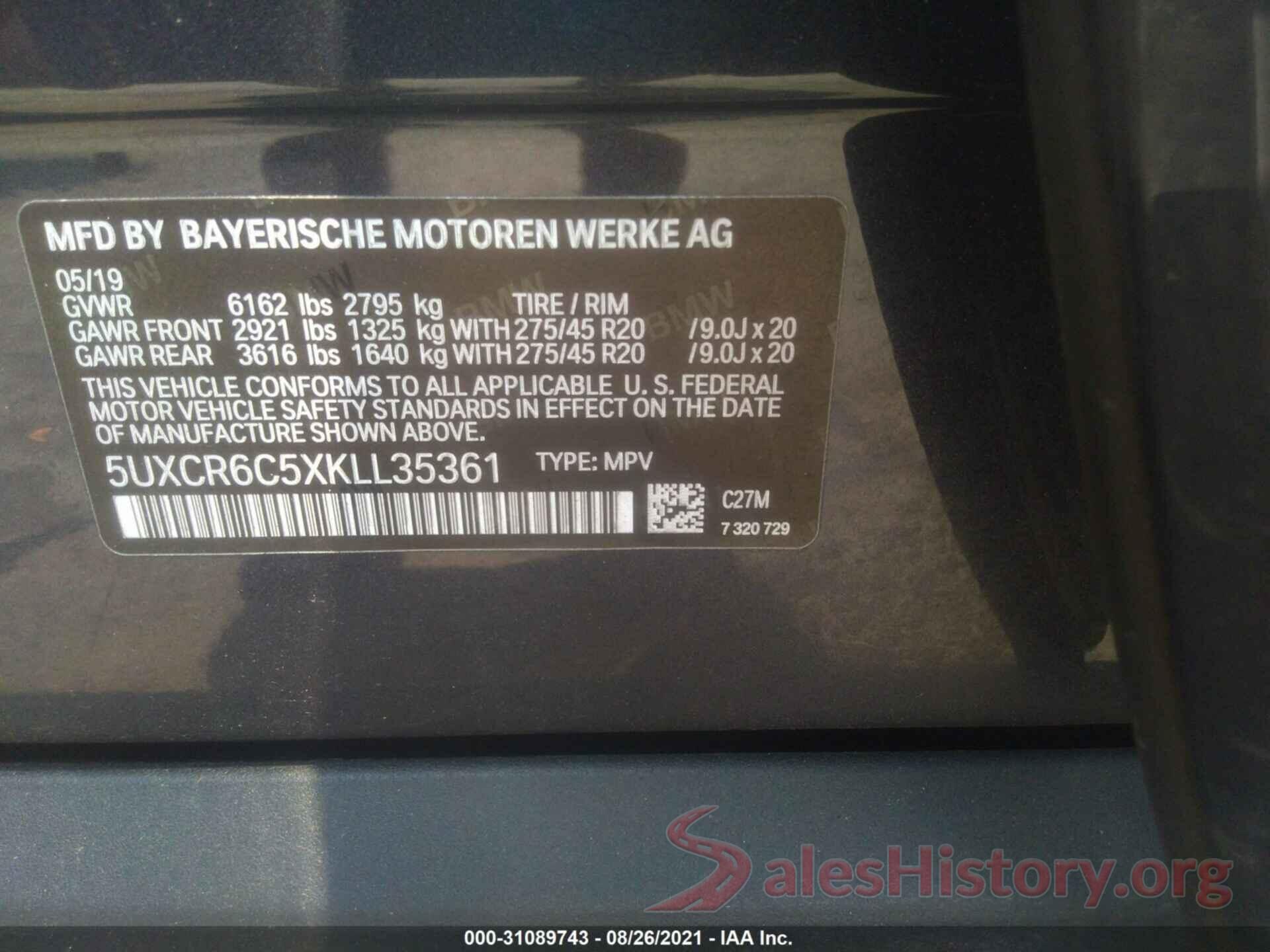 5UXCR6C5XKLL35361 2019 BMW X5