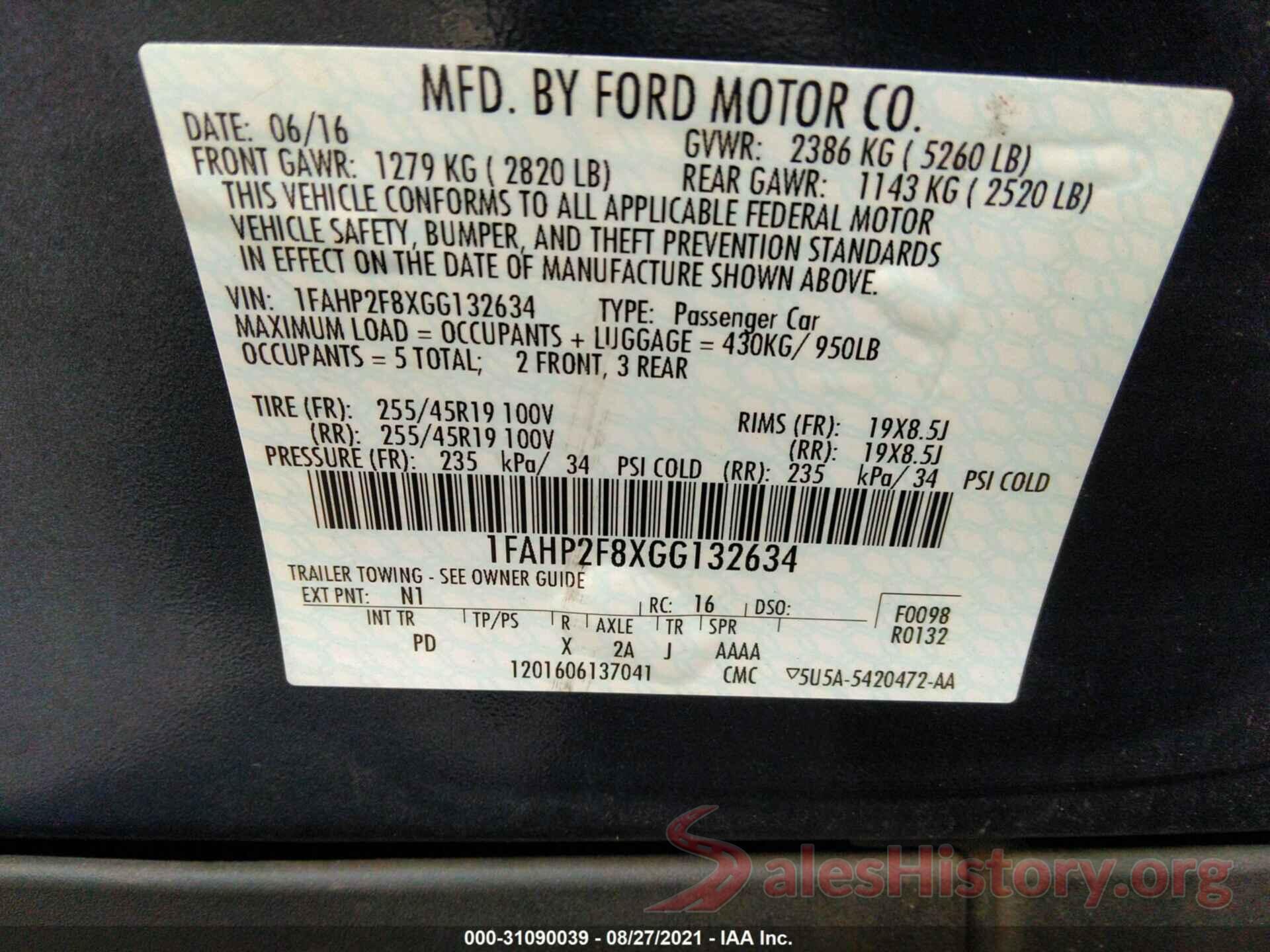 1FAHP2F8XGG132634 2016 FORD TAURUS